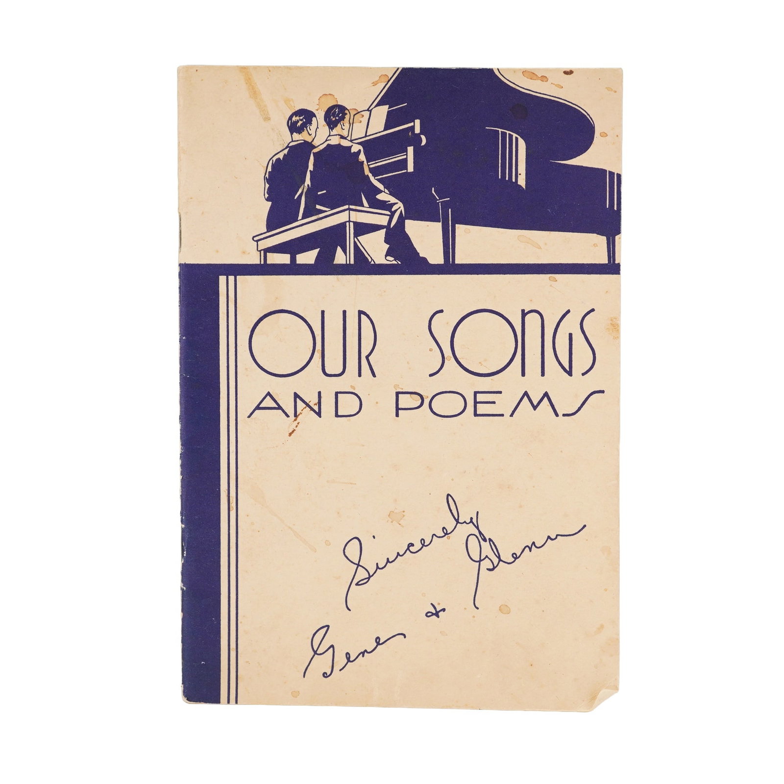 Gene Carroll and Glenn Rowell -Booklet,1st E - Our Songs and Poems, Signed: The 1937 illustrated softcover booklet features a collection of original songs and poems with musical notation, written and composed by the performing duo. The cover bears printed signatures reading S