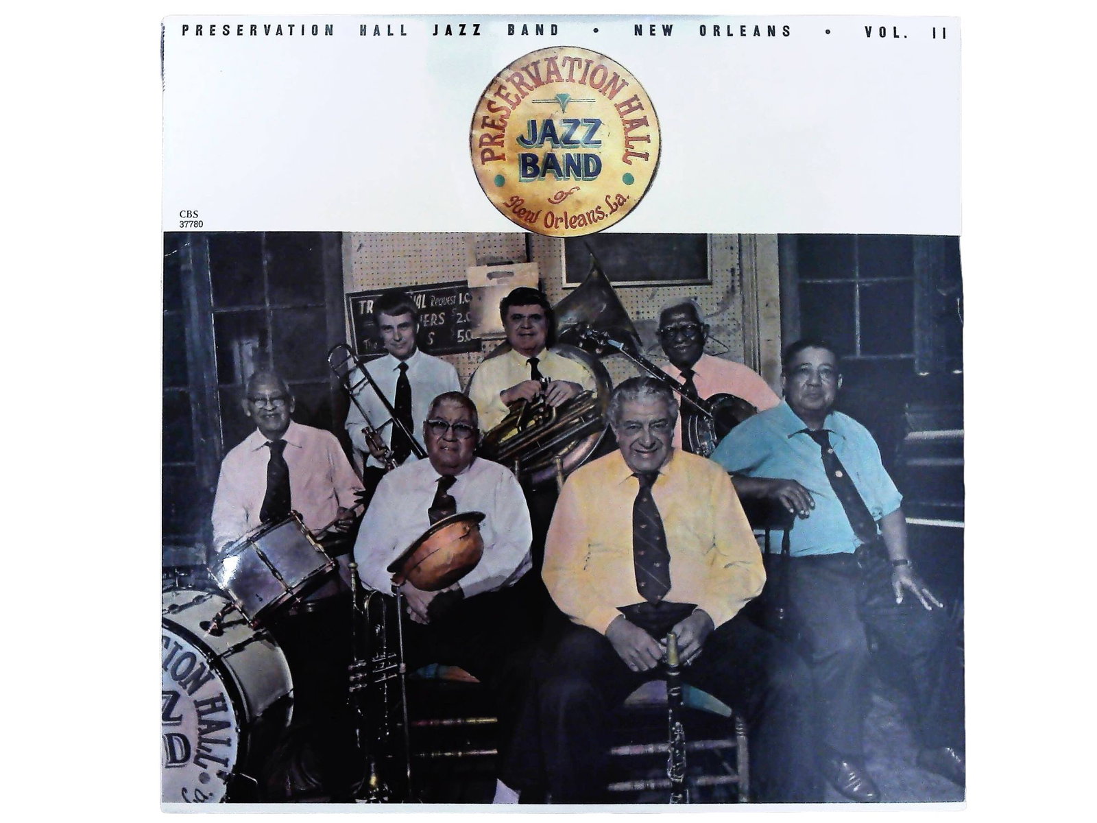 Preservation Hall Jazz Band New Orleans Vol II Vinyl LP: A printed cardboard LP record jacket for the album Preservation Hall Jazz Band ??" New Orleans. Vol. II. The album was released by CBS Records in 1982, identified by catalog numbers 37780 and 7464-377