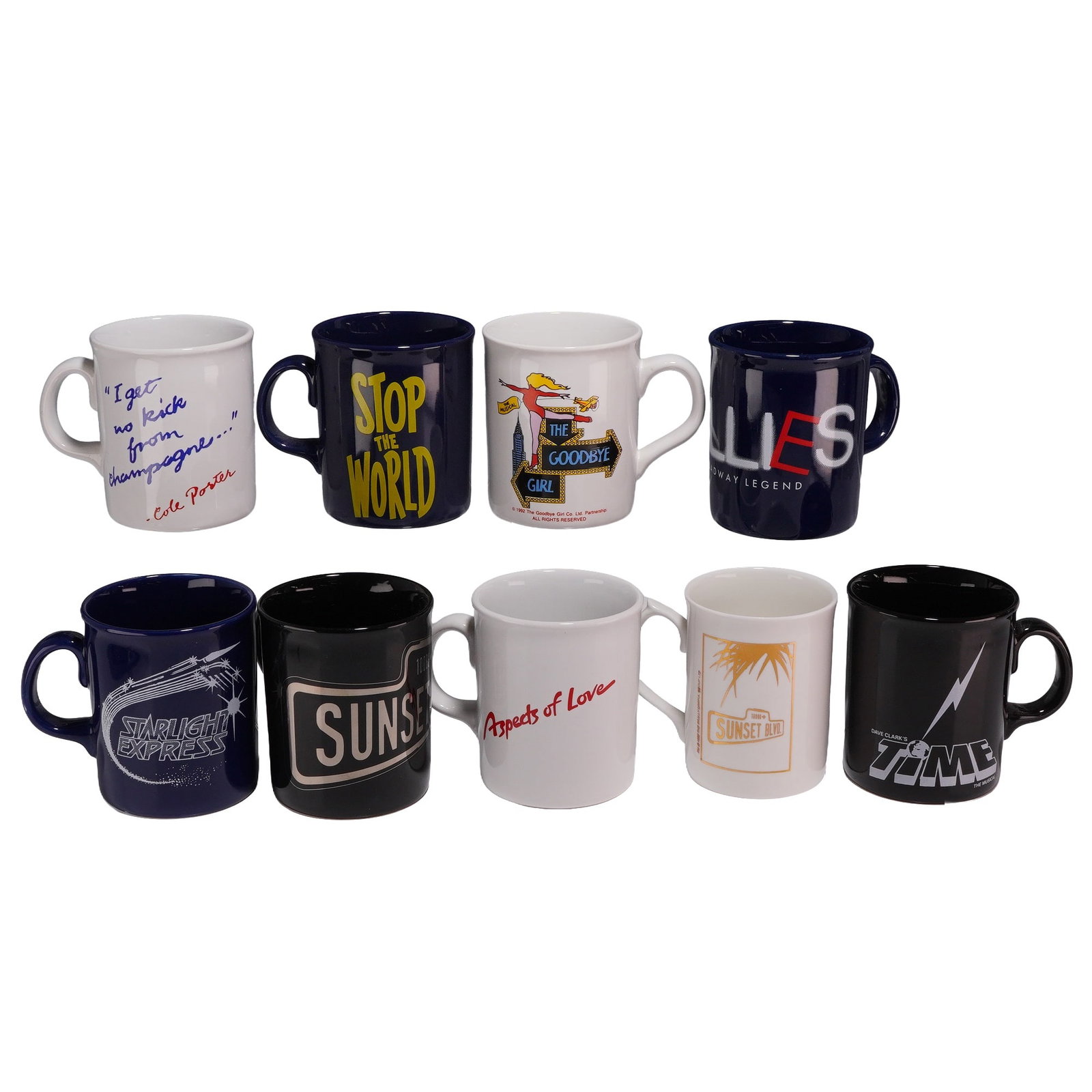 9pc Broadway and West End Musical Theater Souvenir Mugs Made in England: This collection consists of nine ceramic souvenir coffee mugs representing various Broadway and West End musical theater productions. Each mug features an embossed mark on the base reading MADE IN ENG