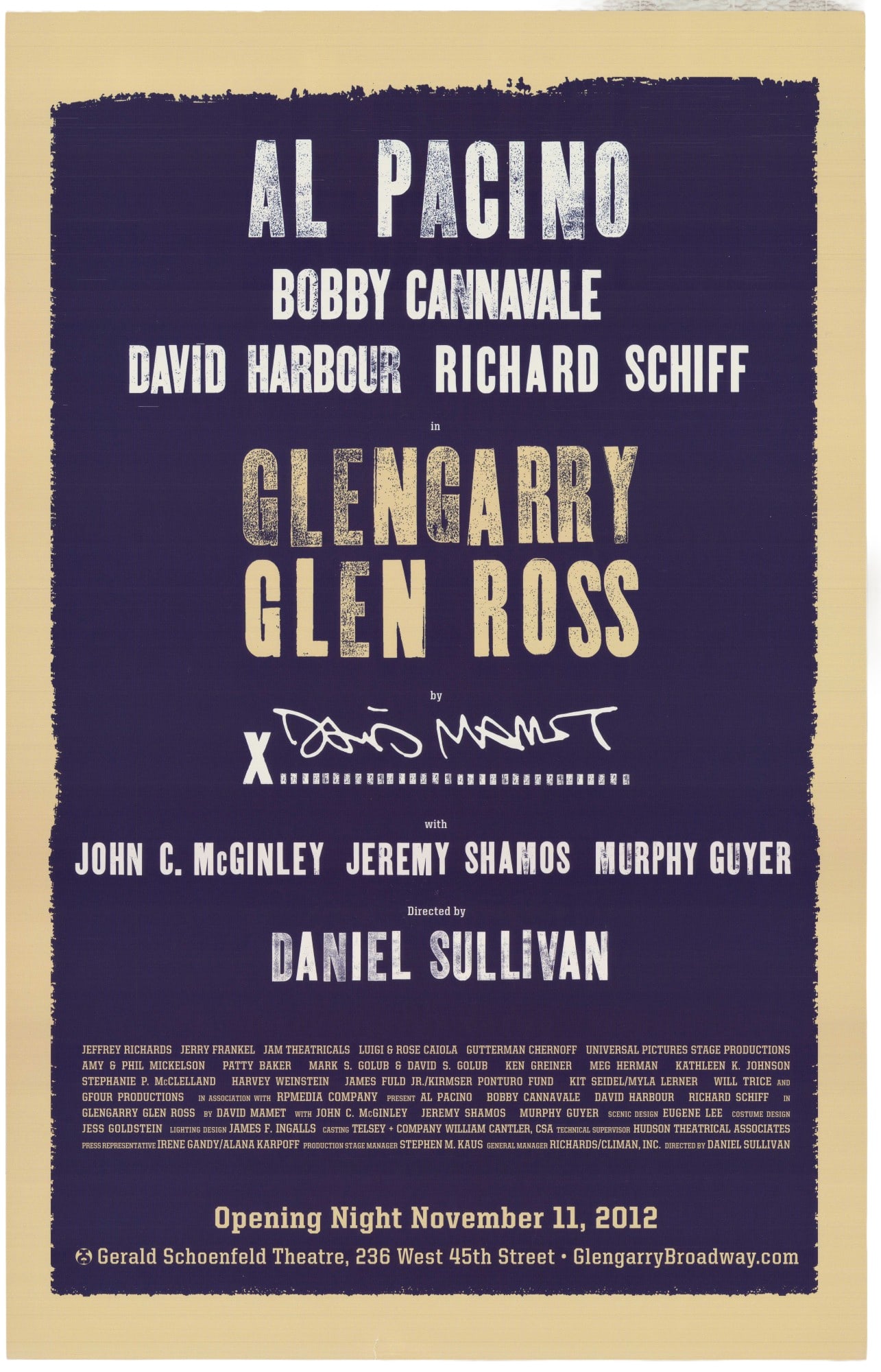 Glengarry Glen Ross, Original Opening Night Broadway Production Poster, November 11, 2012: This is an original opening night Broadway production poster for the 2012 revival of David Mamet's Pulitzer Prize-winning play, Glengarry Glen Ross. The production premiered on November 11, 2012, at t