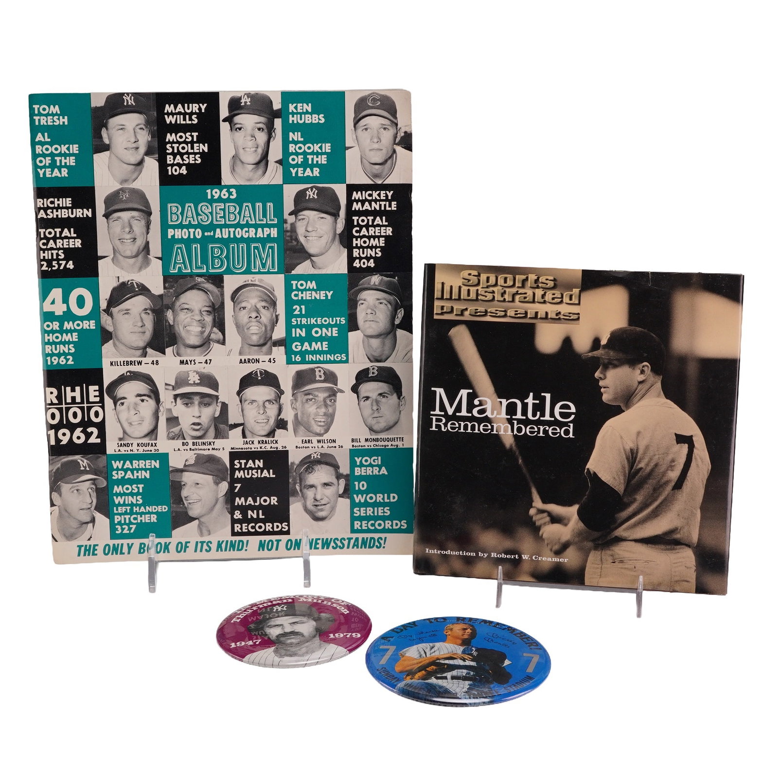 4pc New York Yankees and Major League Baseball Memorabilia, Mickey Mantle & Thurman Munson: This assortment of baseball memorabilia includes publications and commemorative items primarily focused on the New York Yankees. The lot features a 1963 Baseball Photo and Autograph Album, a vintage m