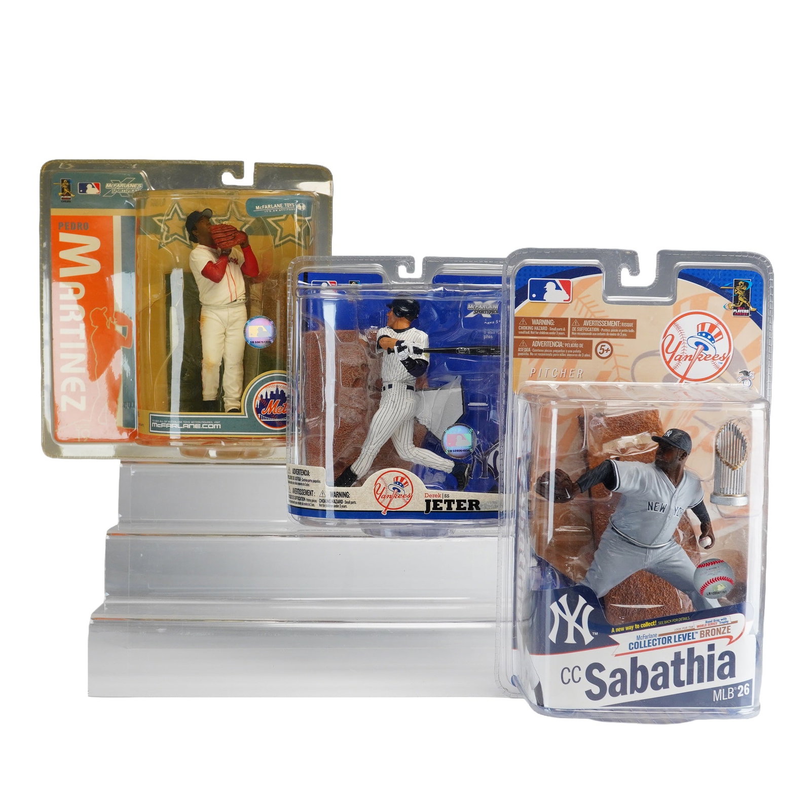3pc McFarlane Toys MLB SportsPicks Action Figures Featuring Pedro Martinez, Derek Jeter, and CC: This lot consists of a trio of McFarlane Toys MLB SportsPicks action figures, each presented in its original blister packaging. The collection includes three prominent players from the 19th, 22nd, and