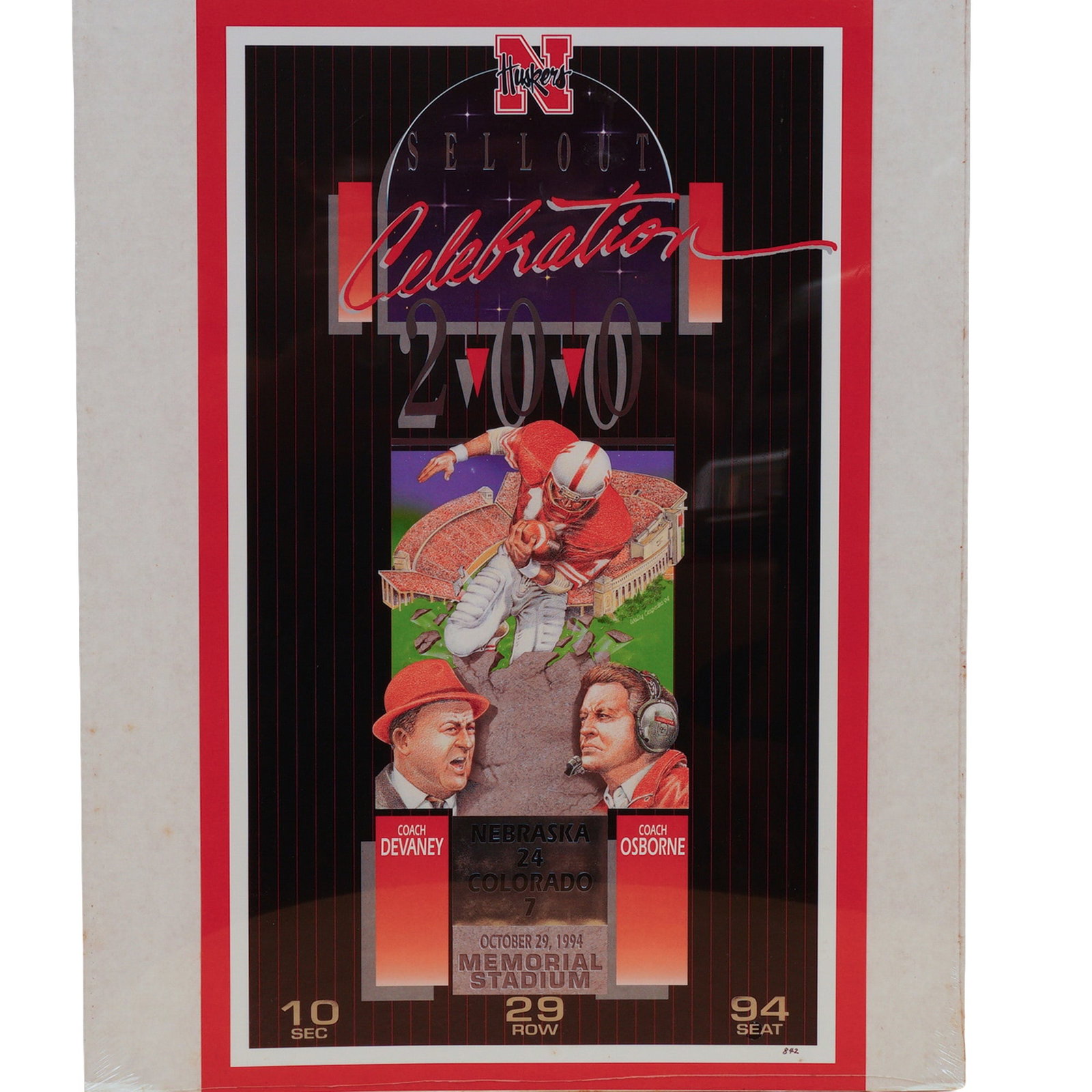1994 University of Nebraska 200th Sellout Celebration Commemorative Poster: Bold limited edition poster celebrating the University of Nebraska's 200th consecutive football sellout, held on October 29, 1994, at Memorial Stadium against Colorado. The artwork by Wally Cespedes f