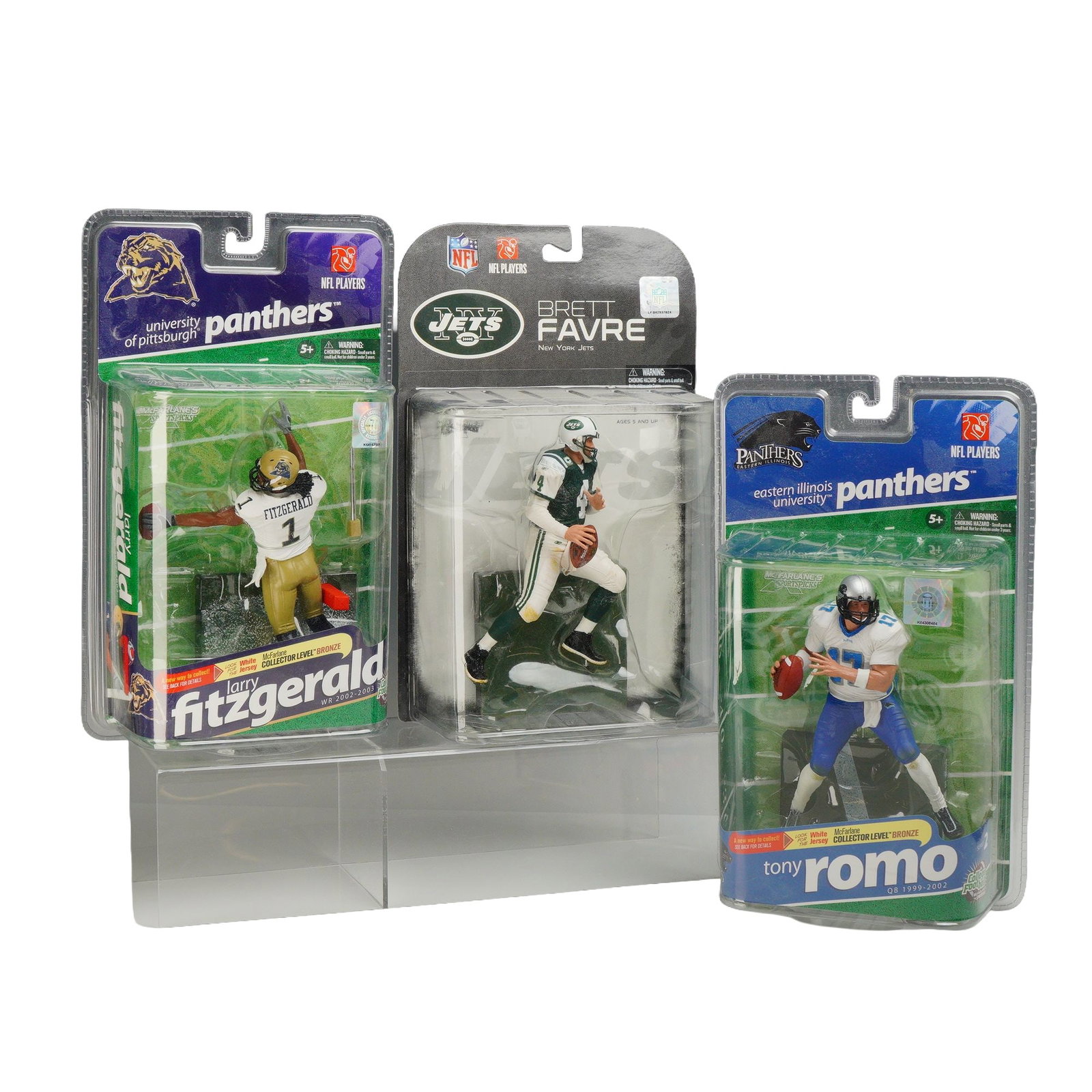 Three McFarlane Toys NFL and College Football Action Figures, Fitzgerald, Favre, and Romo (1 of 3)