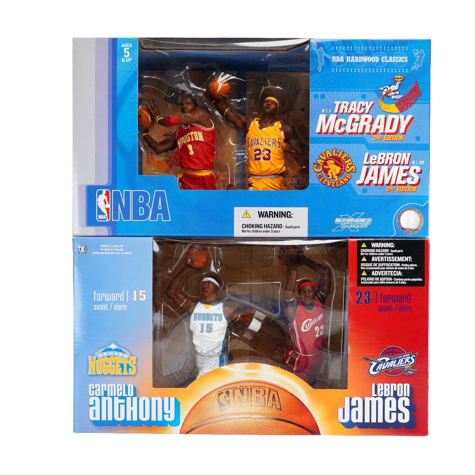 2pc Set of McFarlane Toys NBA Action Figure 2-Packs Featuring LeBron James: This offering consists of a 2pc set of NBA figurines in boxes, produced by McFarlane Toys as part of their SportsPicks line. Both factory-sealed packages feature LeBron James of the Cleveland Cavalier
