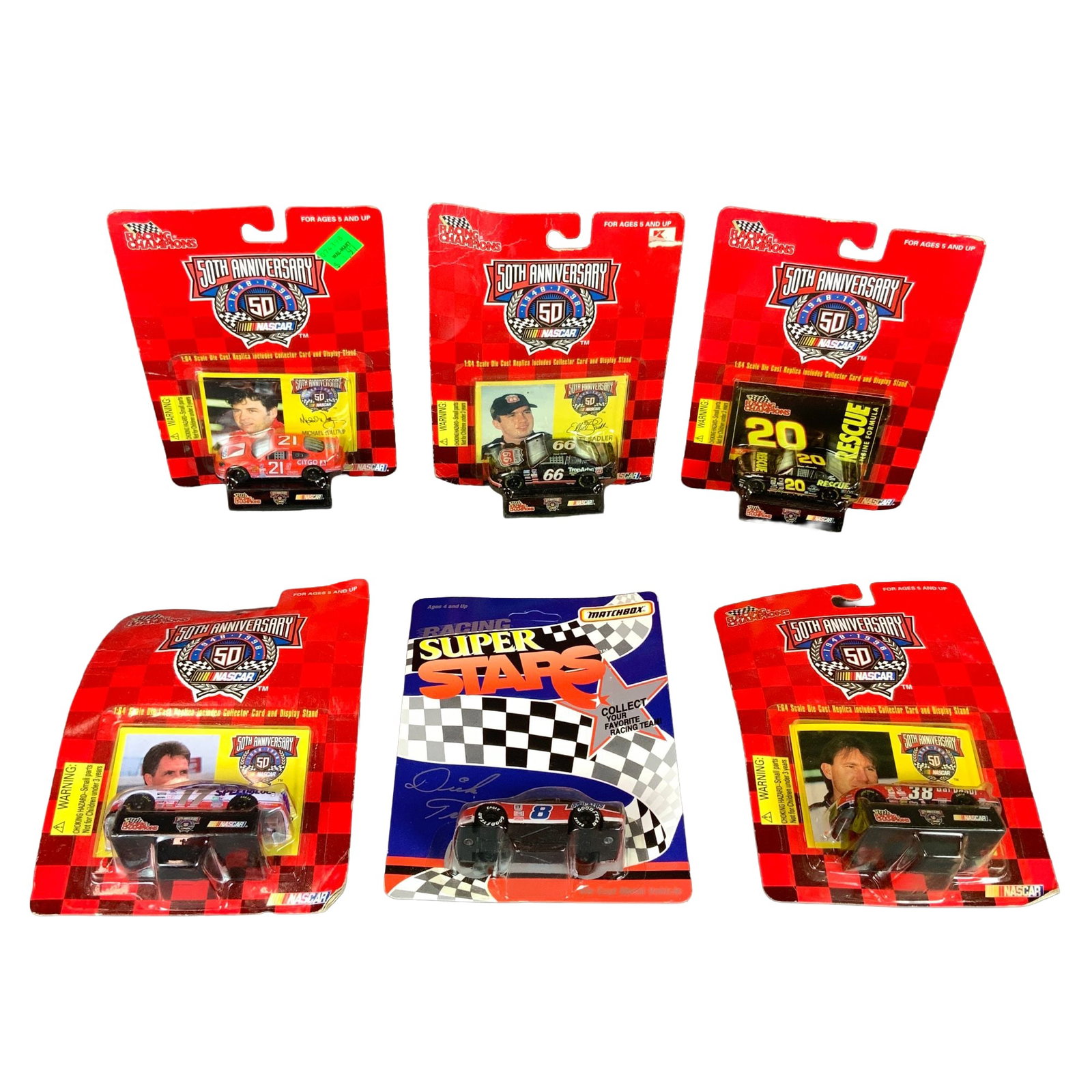 A Group of Six NASCAR 1:64 Scale Die-Cast Model Cars Including Racing Champions 50th Anniversary and: This lot comprises six factory-sealed 1:64 scale die-cast NASCAR model cars. Five items are from the Racing Champions 50th Anniversary series, produced to commemorate the years 1948 to 1998. Each of t