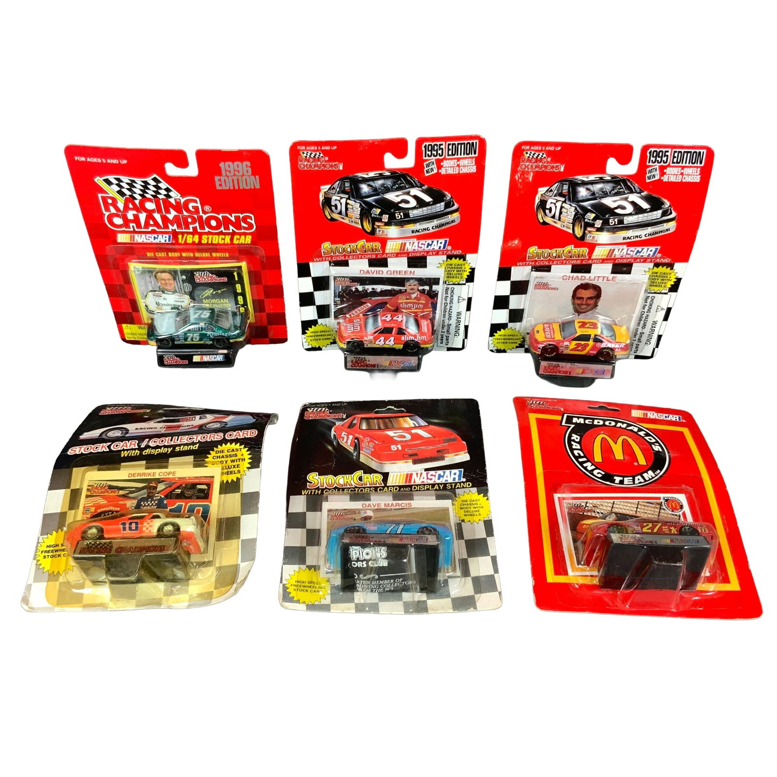 Six Racing Champions 1/64 NASCAR Die-Cast Stock Car Models: A collection of six vintage 1/64 scale die-cast NASCAR stock cars manufactured by Racing Champions. Each vehicle remains unopened in its original blister pack packaging. The assortment features variou