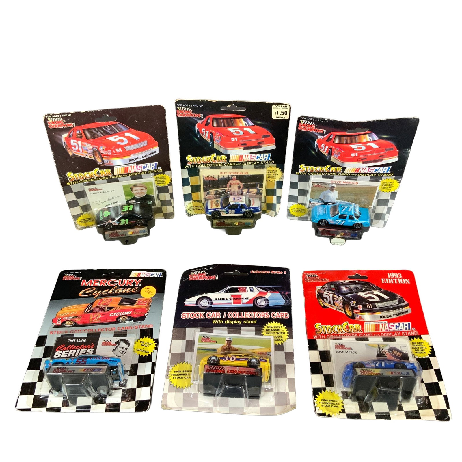 Six Racing Champions NASCAR StockCar Collectible Car Models: A collection of six vintage Racing Champions NASCAR die-cast stock cars, each contained within its original factory blister packaging. Produced in the late 1980s and early 1990s, these 1:64 scale mode