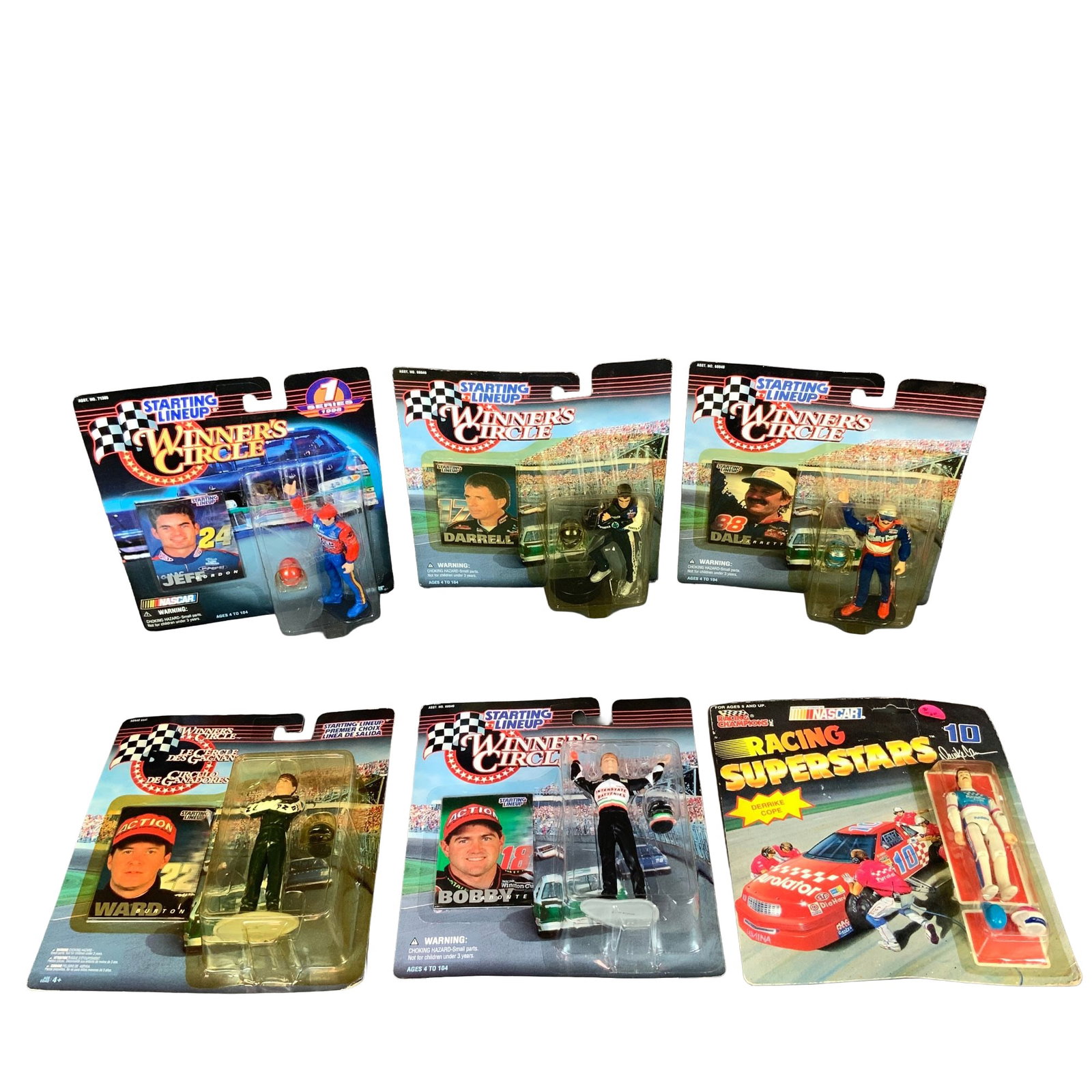 Six Winners Circle & Racing Champions Vintage NASCAR Action Figures: This collection consists of six vintage NASCAR driver action figures, all preserved in their original factory-sealed blister packaging. The group includes five figures from the Starting Lineup Winner'