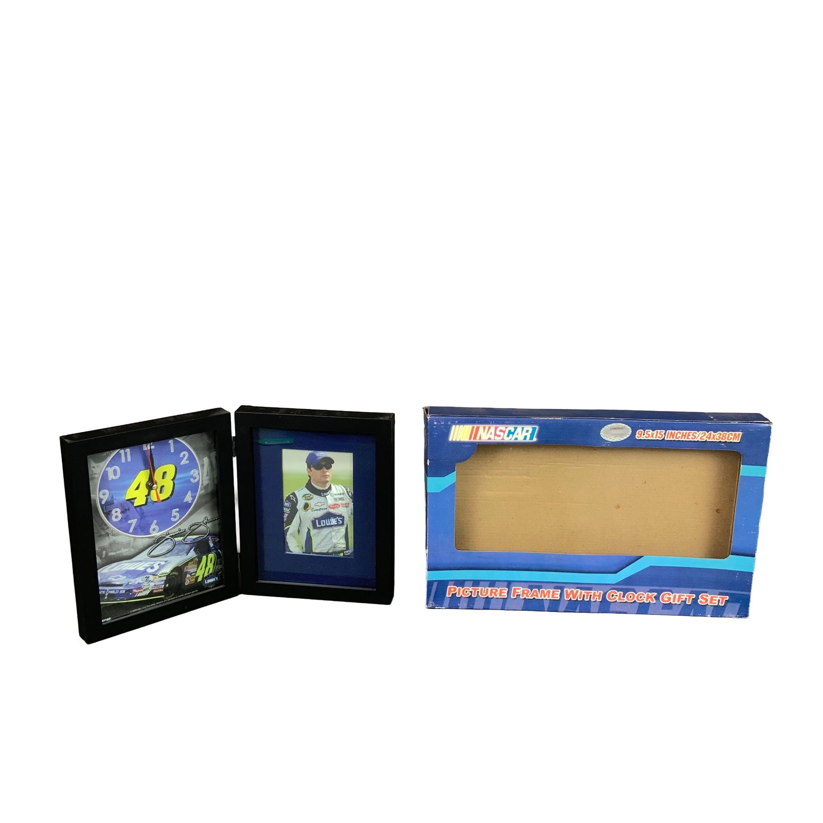 NASCAR Racing Reflections Picture Frame with Clock Gift Set: This licensed NASCAR memorabilia set commemorates driver Jimmie Johnson and the #48 Lowe's racing team. The item consists of a hinged, double-paneled black frame. One panel houses an analog clock feat