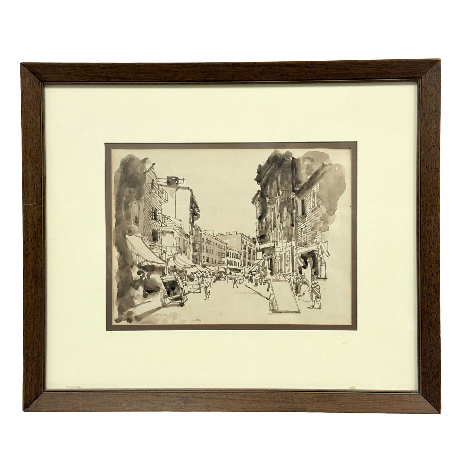 Framed Urban Street Scene Ink and Wash Drawing on Paper: This monochromatic work on paper is executed in ink and wash, depicting a busy urban street scene. The composition features a variety of figures, horse-drawn carts, and detailed architectural elements