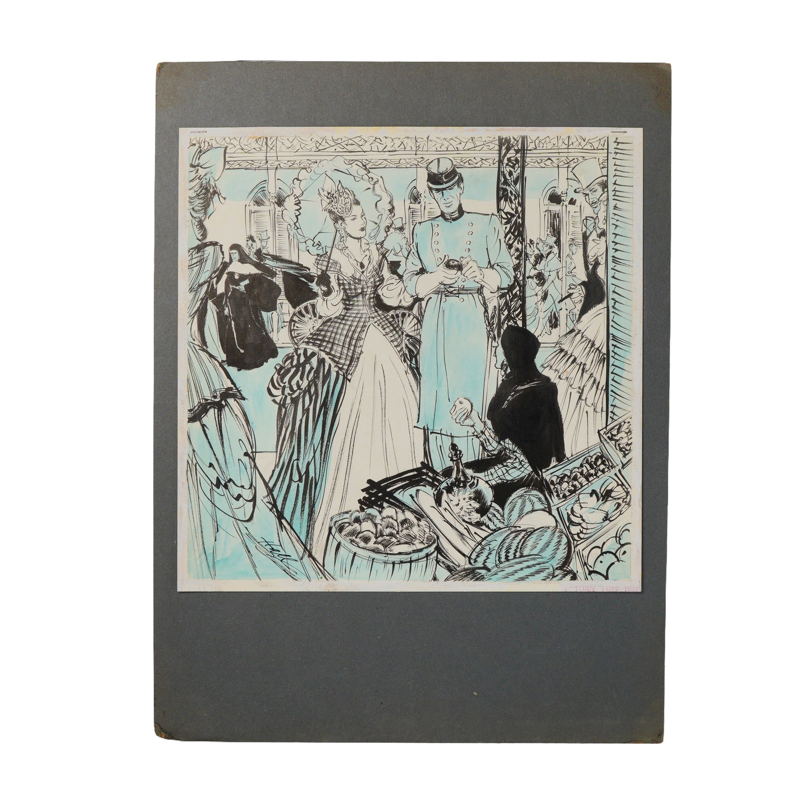 Wayne Hall Pen & Ink & Color Wash Drawing on Paper: An original illustration by Wayne Hall depicting a dramatic, crowded interior or public market scene. The central figures are a well-dressed woman in elaborate period attire, including a large headdre