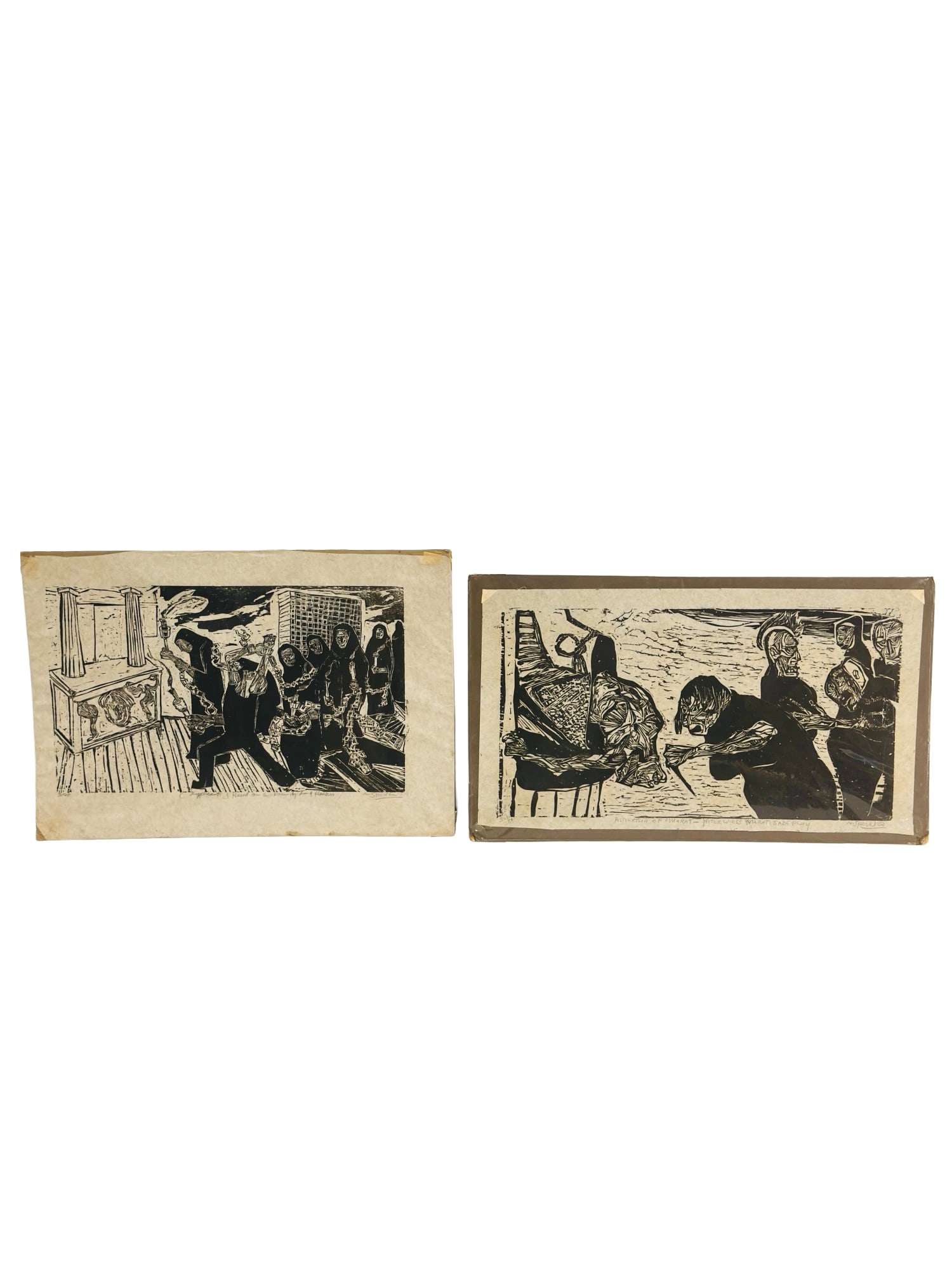 Lot of 2 Nicholas Sperakis (American, b. 1943) Signed and Numbered Abstract Woodcuts: These expressionistic woodcuts by American artist Nicholas Sperakis (1943-2018) features dense, figurative compositions in the artist's characteristic high-contrast relief style. The first print is ti