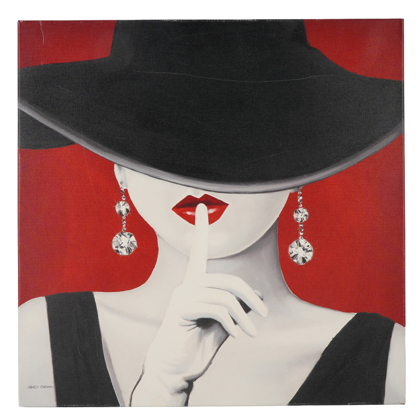 Marco Fabiano Haute Chapeau Rouge Canvas Print: Contemporary stretched canvas print of Haute Chapeau Rouge by artist Marco Fabiano. This bold and stylish artwork depicts a woman in a dramatic black hat, with vivid red lips, sparkling dangling earri