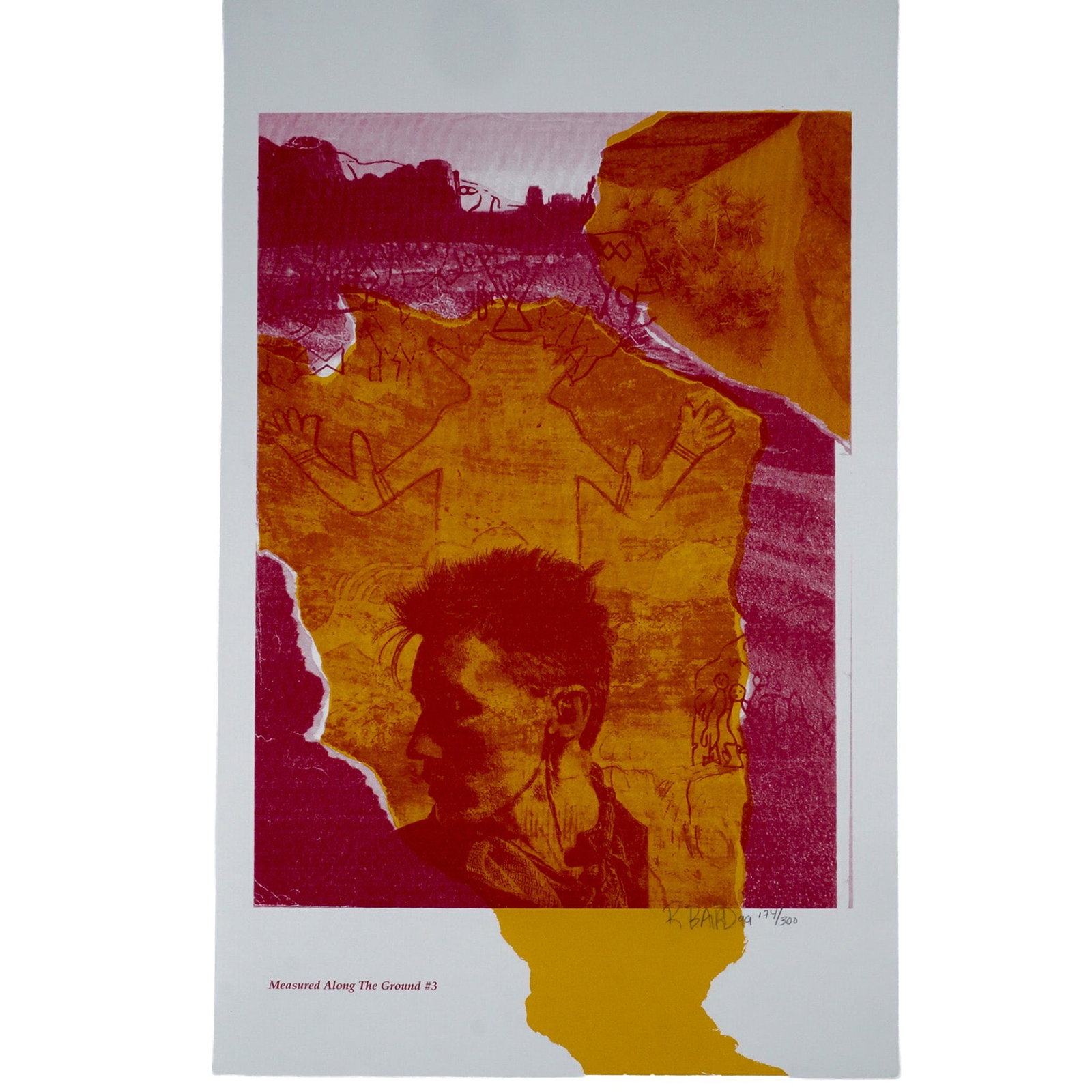 Rebecca Baird, Silkscreen on Paper, Measured Along The Ground #3, Signed: Limited edition silkscreen print by Rebecca Blaird, titled Measured Along The Ground #3. This composition employs a layered collage technique, integrating torn paper edges with contrasting tones of de