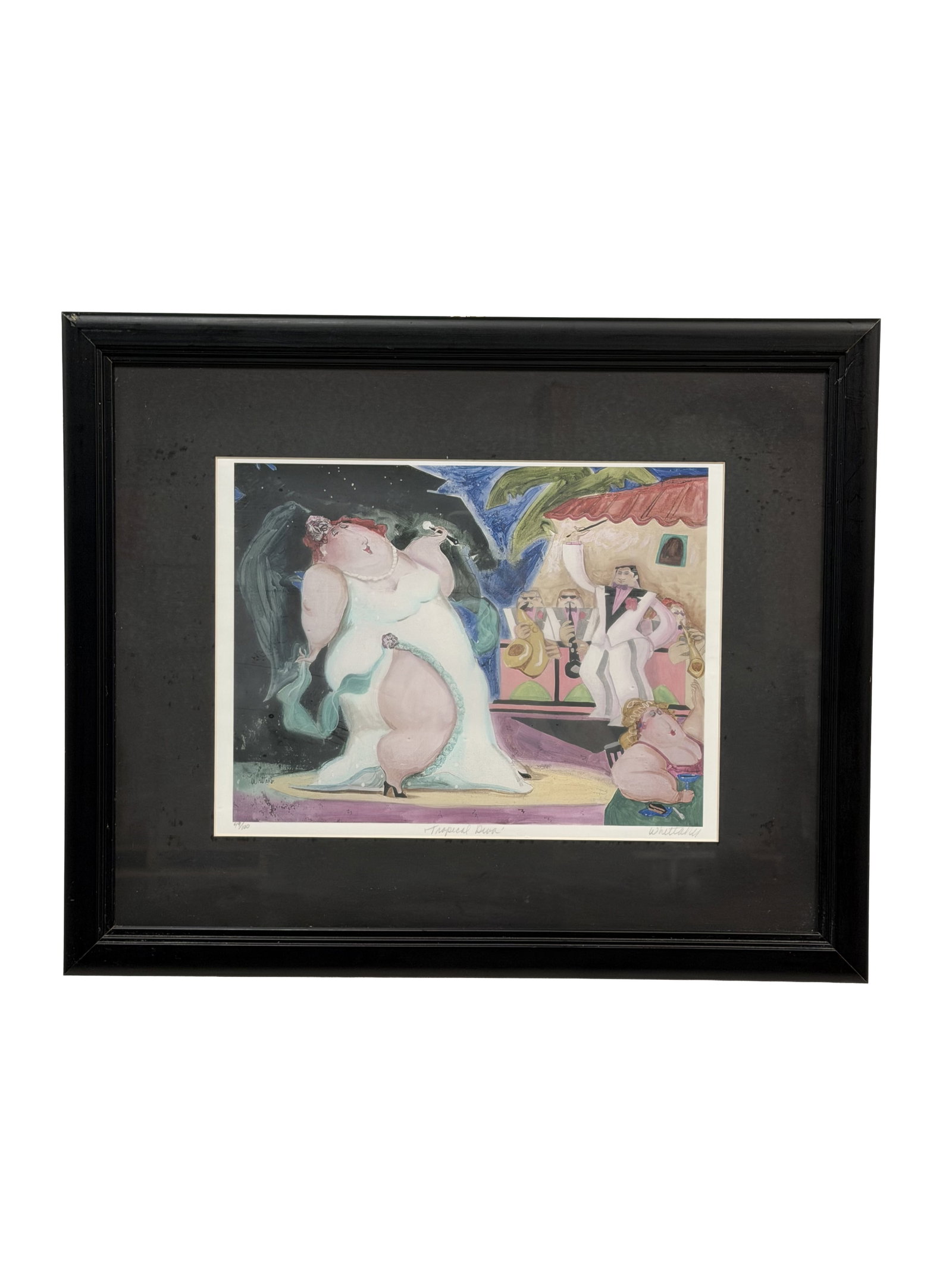 Whittaker, Tropical Diva, Limited Edition Lithograph, 49/100: This limited edition lithograph on paper is titled Tropical Diva by the artist Whittaker. The composition depicts a whimsical, caricatured scene featuring several voluptuous figures in a vibrant night