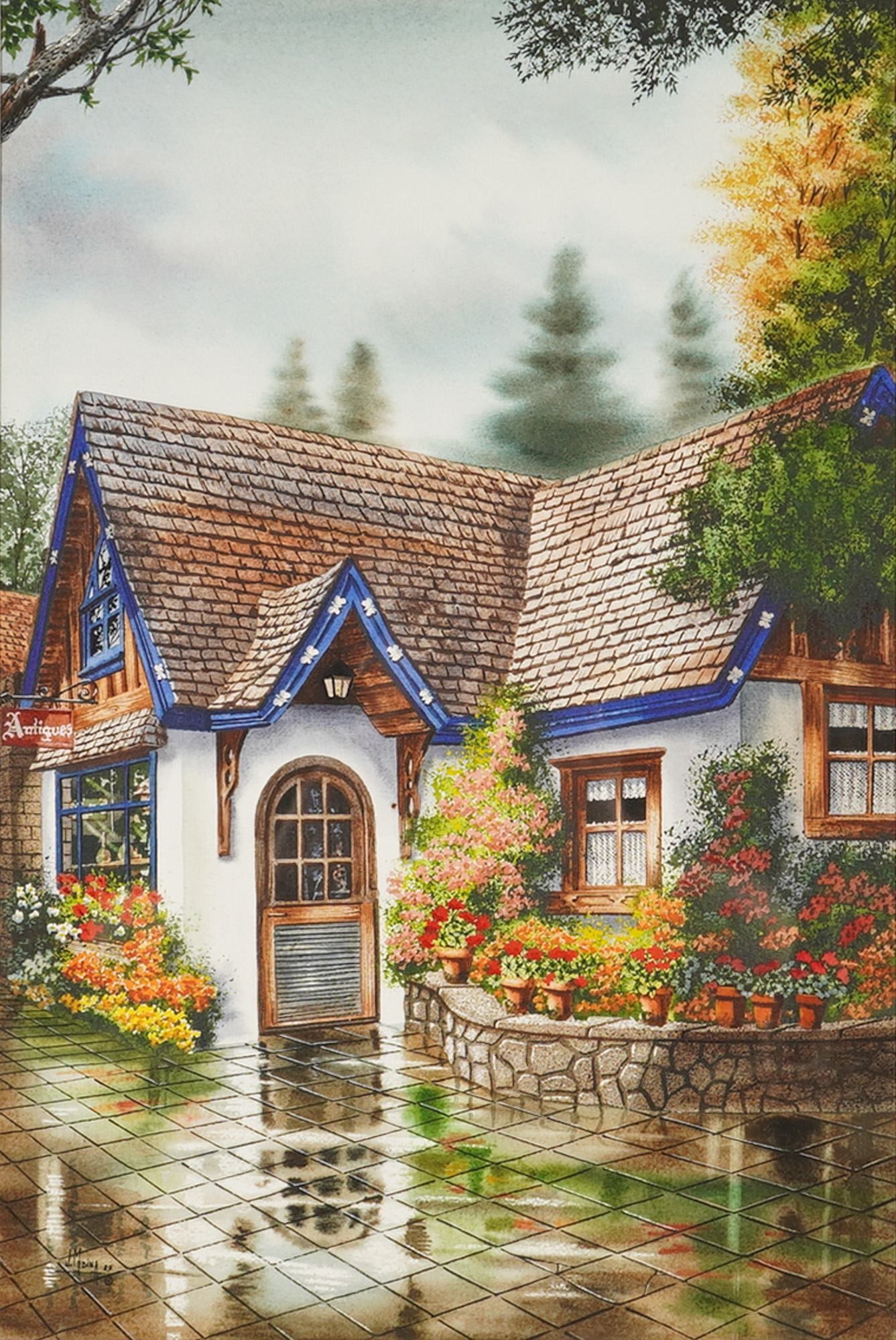 J.M. Medina, Framed Cottage Scene, 1989: This work on paper, dated 1989, depicts a cottage-style building with blue architectural trim and a sign reading Antiques. The scene includes floral arrangements in terracotta pots and a wet, tiled co