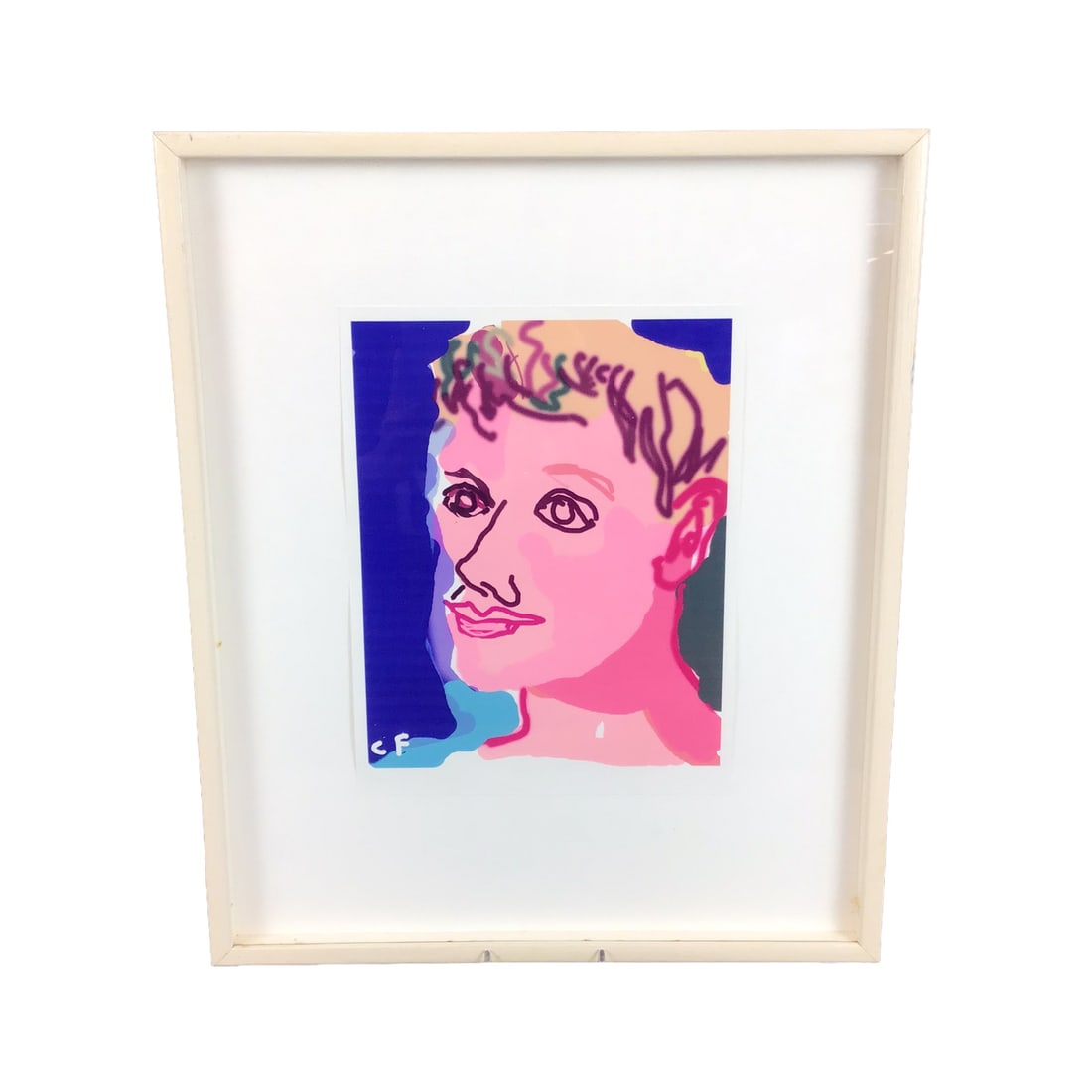 CF, Stylized Pop Art Portrait of a Man: This color screenprint or digital giclee depicts a stylized male portrait in a vibrant Pop Art aesthetic. The work is characterized by bold, dark outlines and saturated fields of pink, blue, and flesh