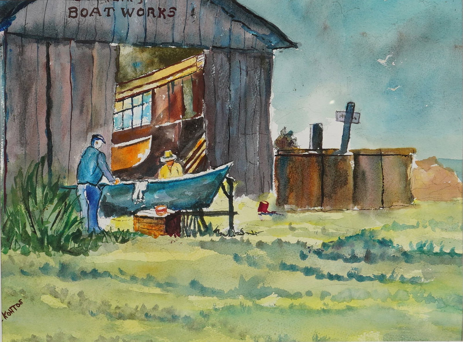 An Original Watercolor Painting of a Boat Yard, Signed Kontos: This original watercolor painting on paper depicts a maritime boat yard scene. The composition features a weathered wooden building with the inscription BOAT WORKS on the facade. In the foreground, tw
