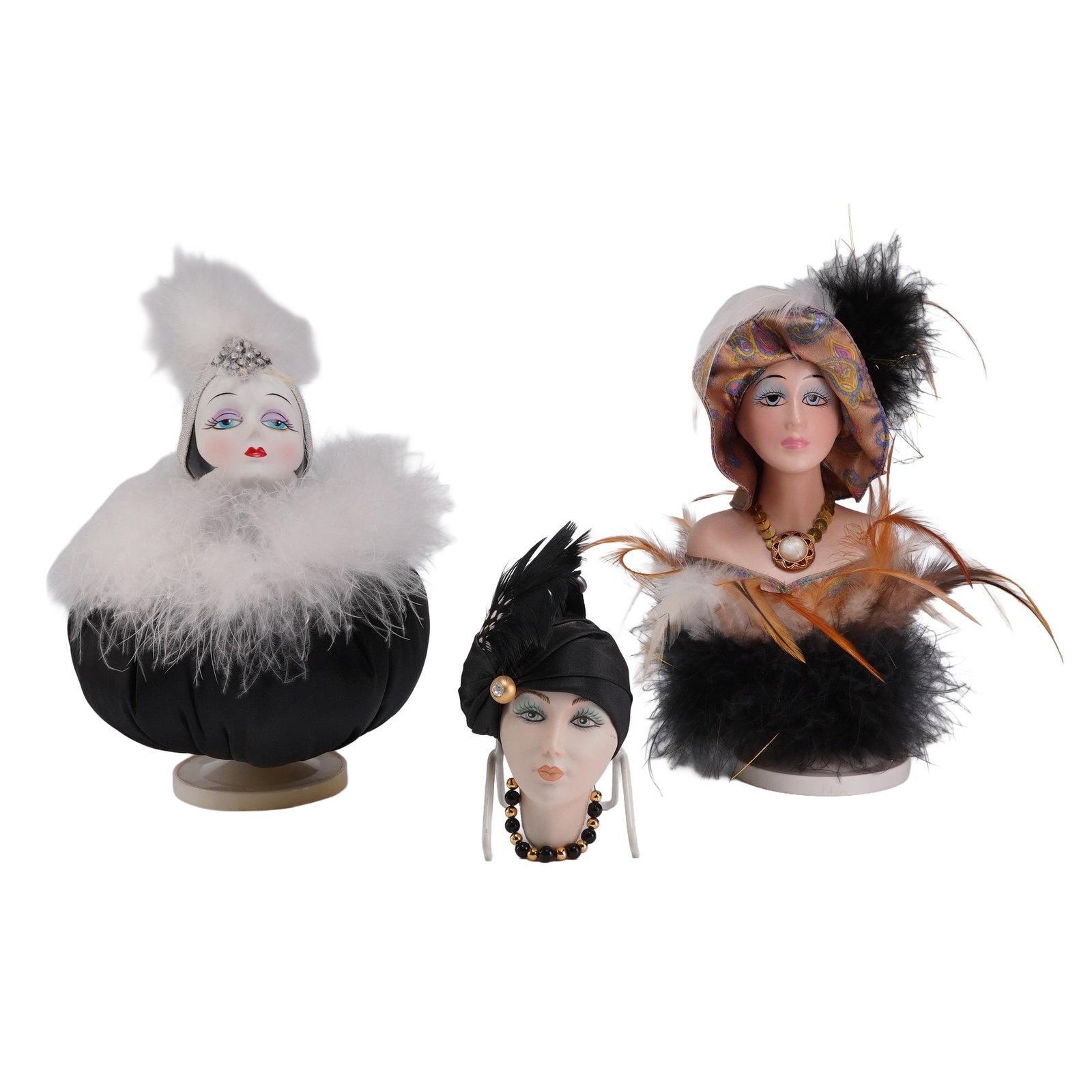 Three Bel Ombre Italy Porcelain Lady Head Bust Music Boxes and Ornament: This lot consists of three vintage decorative porcelain lady head busts designed in the Art Deco flapper style. Each figure features hand-painted facial details with prominent makeup and is embellishe