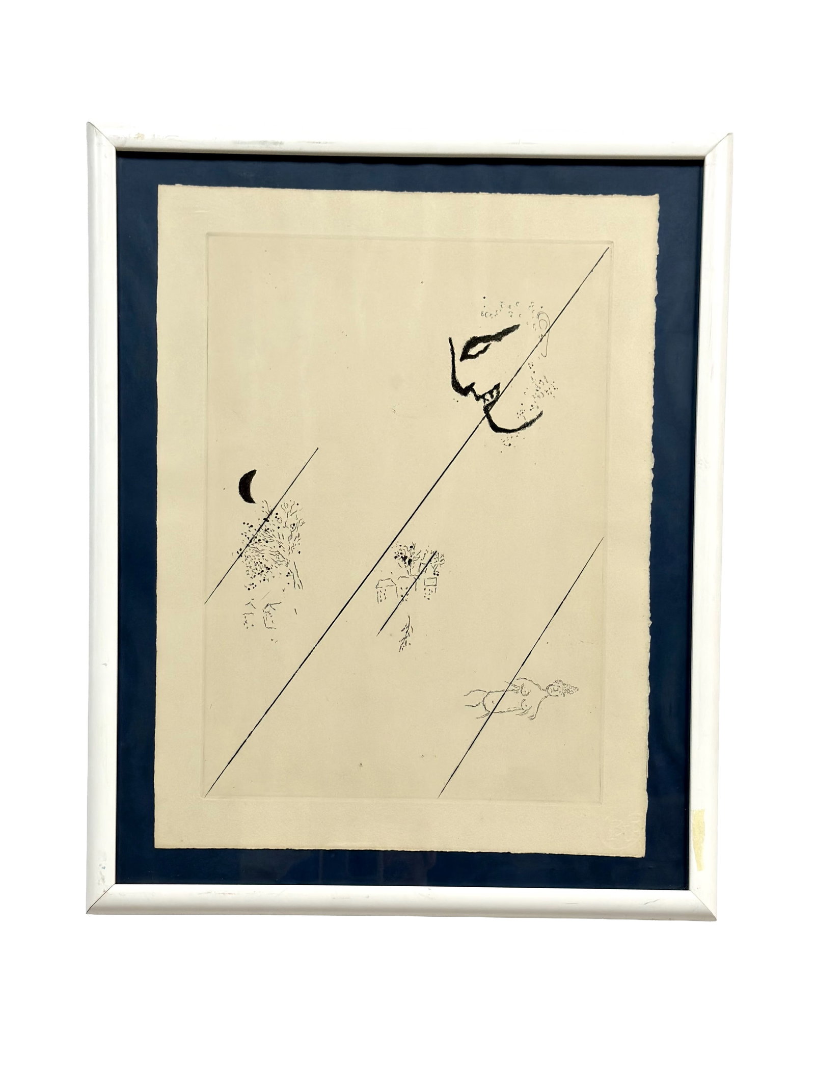 Modernist Etching on Paper: This modernist etching on paper features a minimalist surrealist composition consisting of four distinct elements with parallel diagonal lines. A prominent rectangular plate mark is visible, and the
