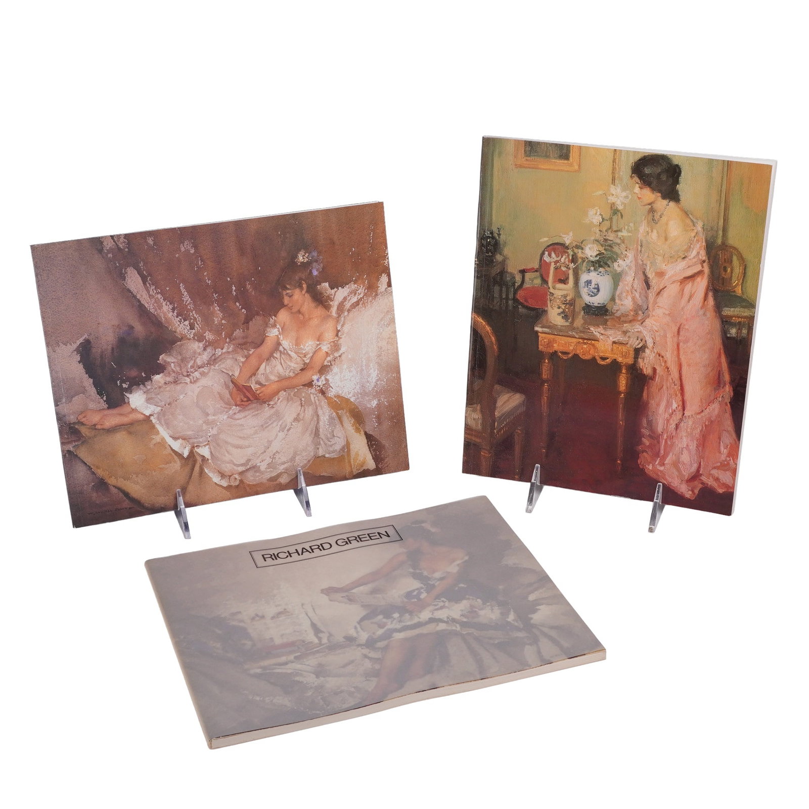 3pc Book Collection of Richard Green Art Exhibition Catalogs: This lot comprises three art exhibition catalogs published by the Richard Green gallery of London. These 3pc art books are trade paperback volumes in an oblong quarto format, featuring high-quality co