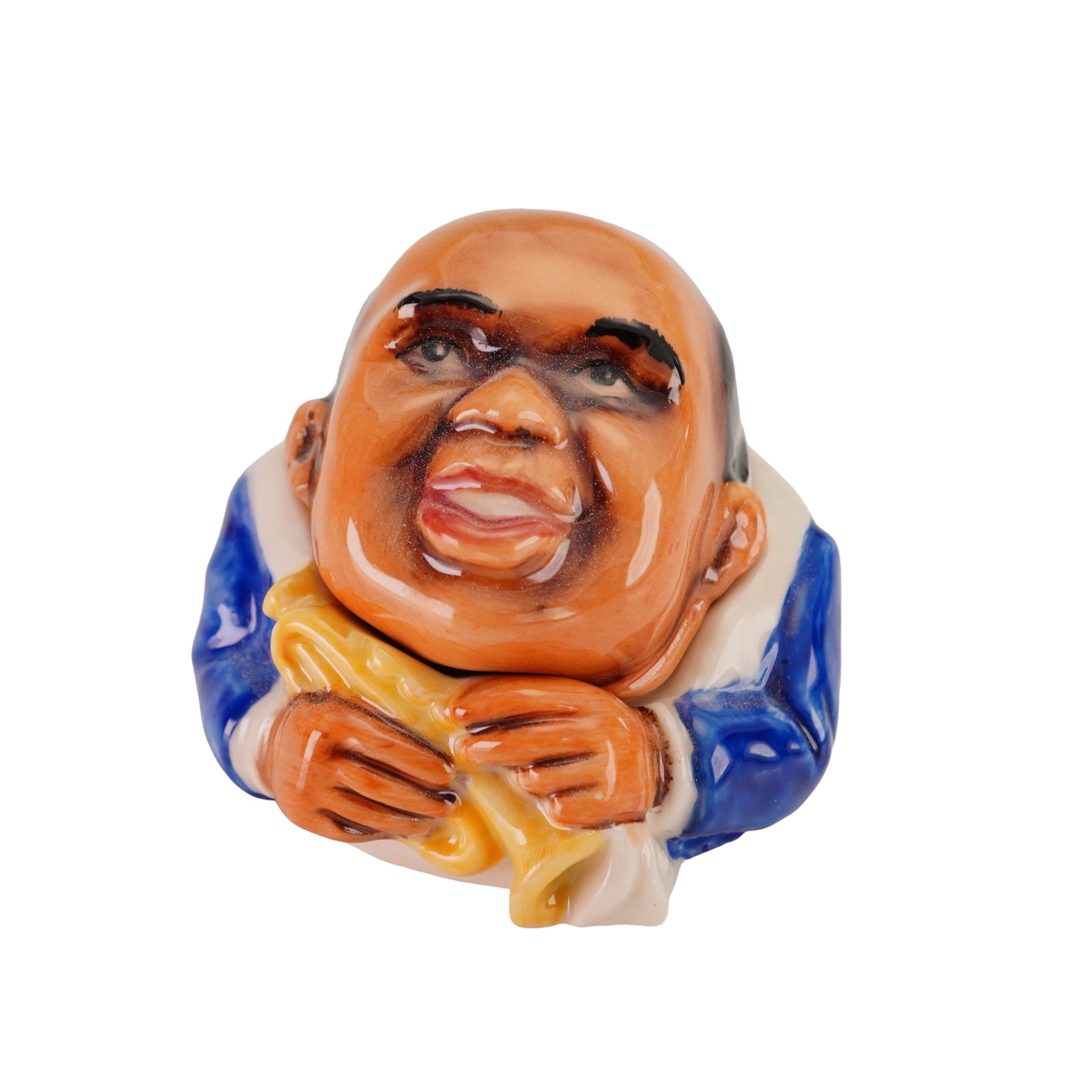 Kevin Francis Ceramic Face Pot, Satchmo, Louis Armstrong: A lidded ceramic trinket box from the Kevin Francis Face Pot series, modeled as the jazz legend Louis "Satchmo" Armstrong. The piece features a stylized character head with a wide smile, wearing a vib