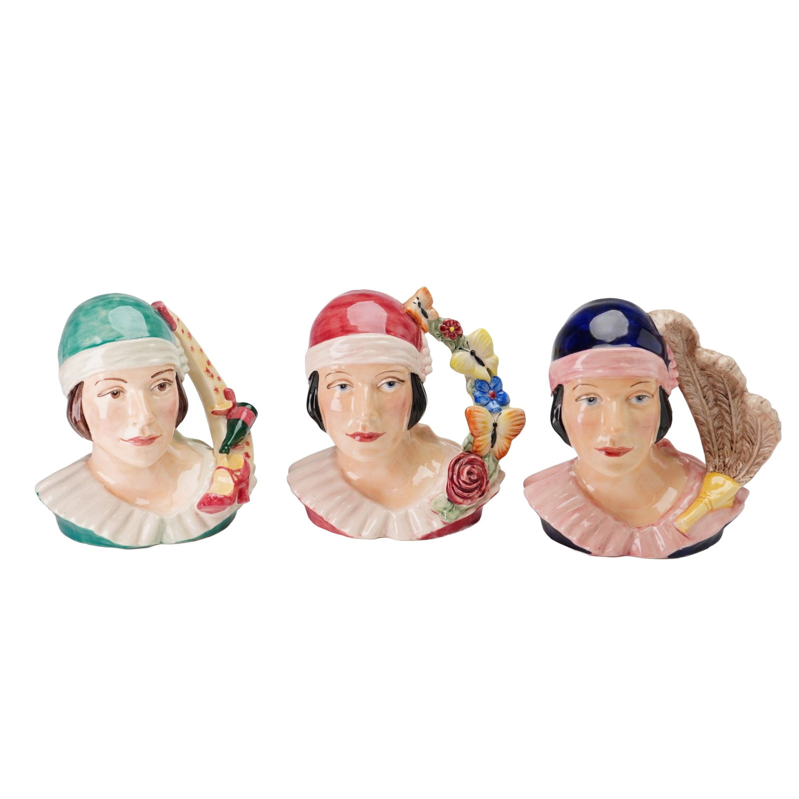 3pc Kevin Francis Limited Edition Art Deco Girl Jugs by Andy Moss: Each piece was modeled by artist Andy Moss and features a stylized female bust in the Art Deco tradition, wearing a wide ruffled collar and a close-fitting hat. The figures are hand-made and hand-pain