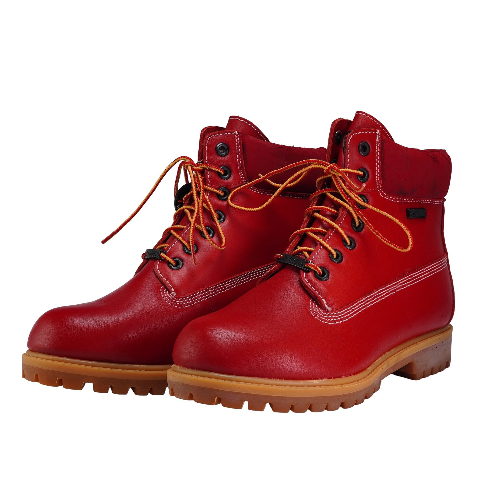 Pair of Buffalino Explorer Red Leather B-Boots: A pair of Buffalino Explorer 6-inch lace-up boots featuring bright red leather uppers with white contrast stitching. The boots are constructed with a dark red padded textile collar, seven metal eyelet