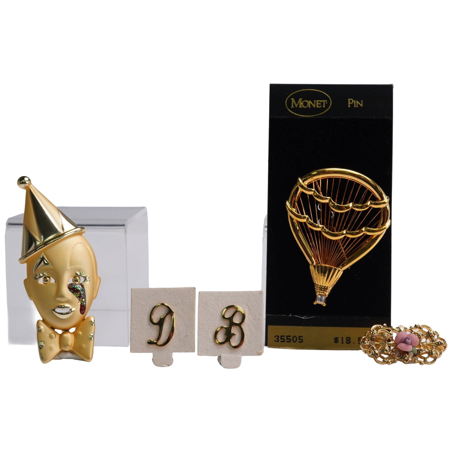 5pc Gold Tone Brooch & Pin Lot incl. Monet & Pierrot (1 of 8)
