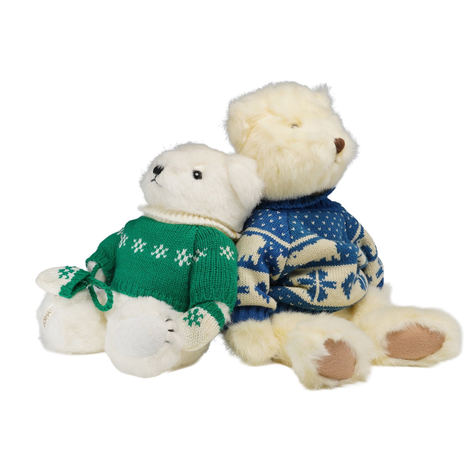 2pc Russ Berrie & Co. and Gorham Stuffed Knit Sweater Bears: Includes two plush bears with winter knit sweaters. The first is Flurry by Russ Berrie & Co., wearing a blue and cream patterned sweater. The second is from the Gorham Bear Collection, Bear of the Mon