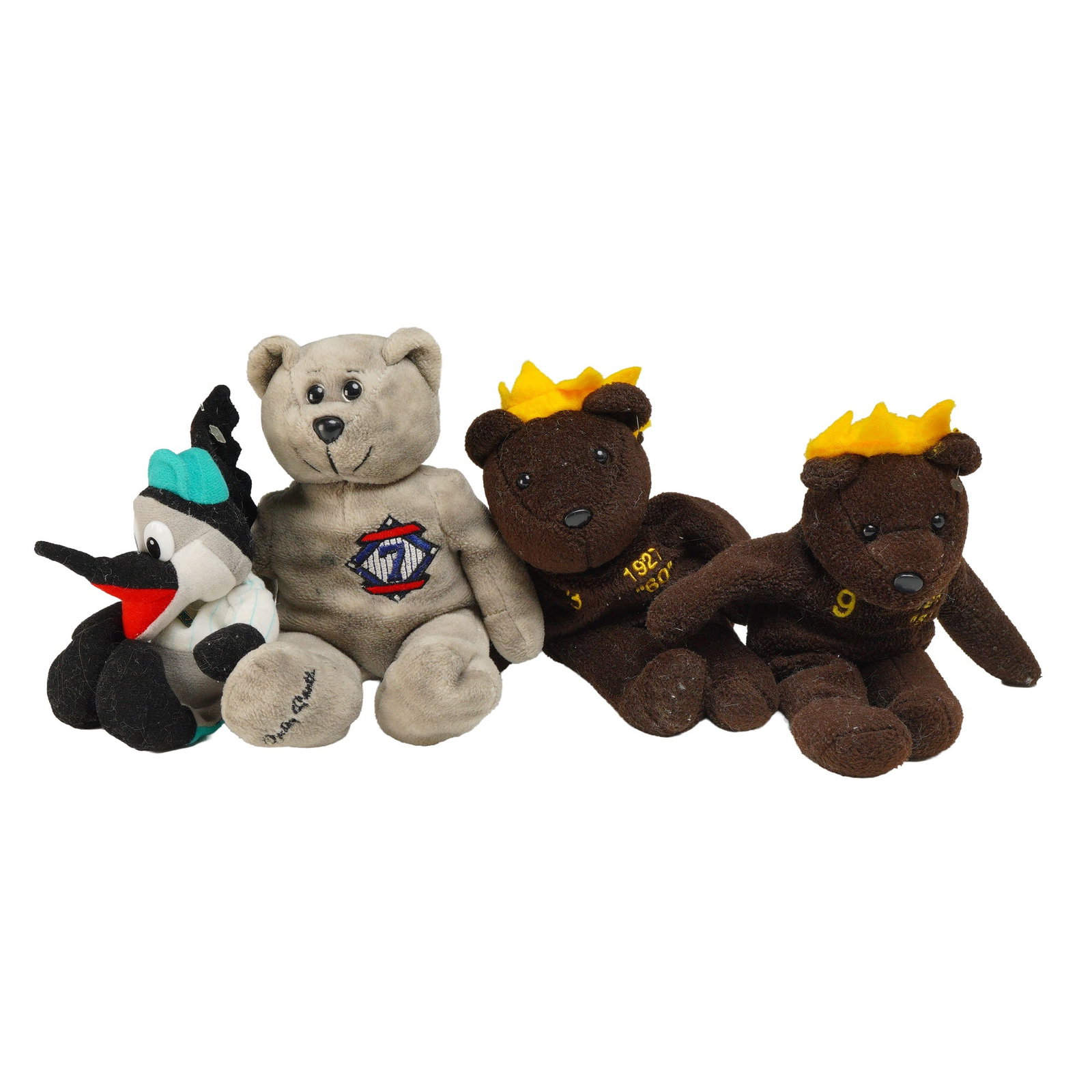 Four Salvino Inc. Bamm Beano's New York Yankees Plush Bean Babies: A set of four plush items from the Salvino Inc. Bamm Beano's line, themed after the New York Yankees. The set includes a grey plush bear featuring an embroidered New York Yankees logo and the number 7