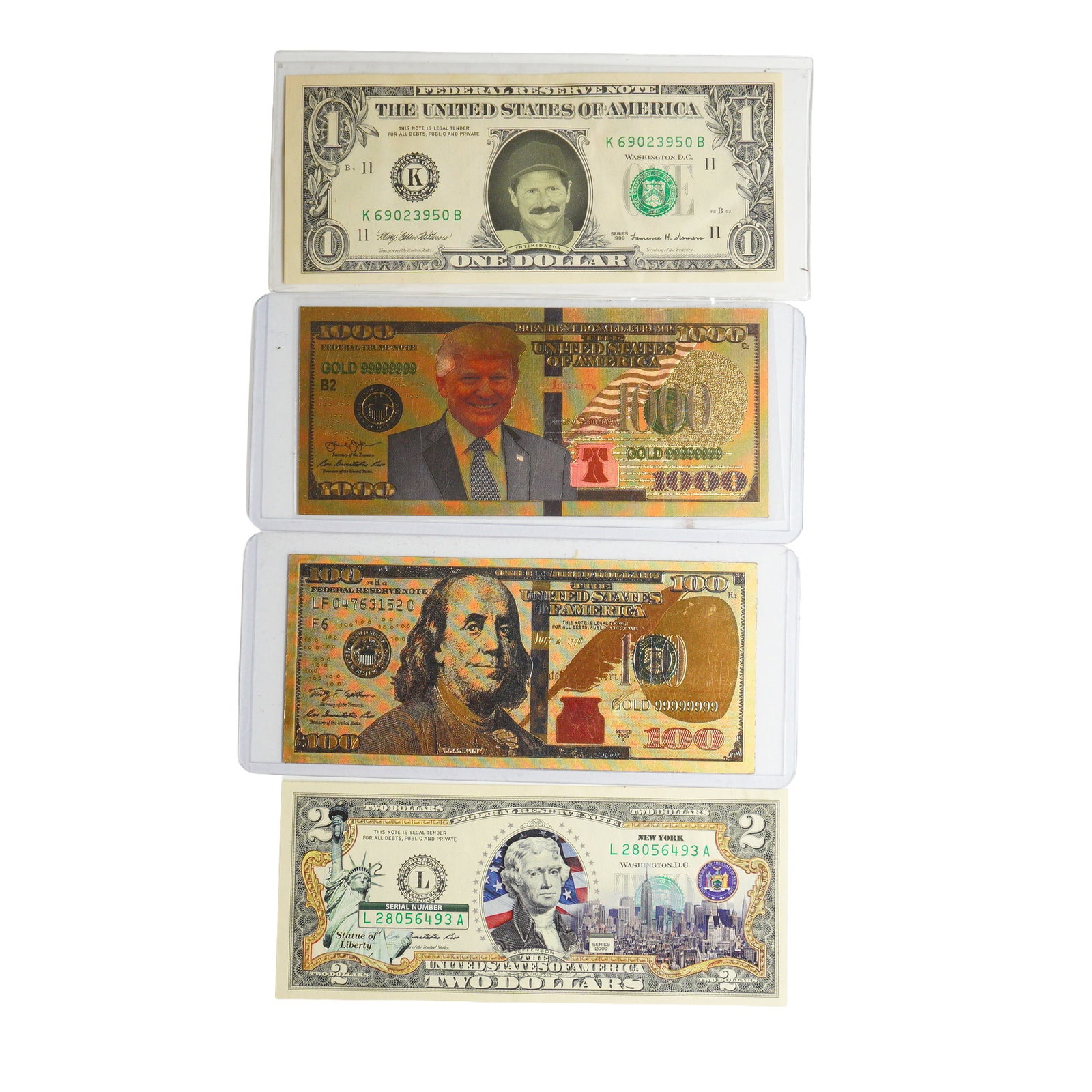 Four Modified US Banknotes and Novelty Bills: This collection consists of four pieces of modified US currency and novelty bills, all housed in individual protective plastic sleeves. The group includes a Series 1999 one-dollar Federal Reserve Note