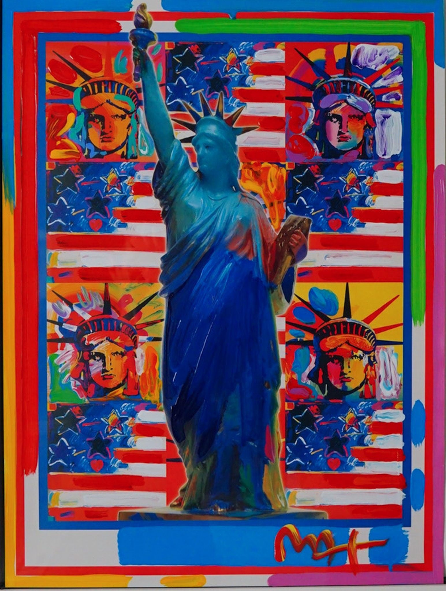 Peter Max (American, b. 1937) Mixed Media on Paper, God Bless America: Patriotic testament to the signature pop-art iconography of American cultural pioneer Peter Max, this unique piece features the artist's celebrated Statue of Liberty motif. Created as part of his hist