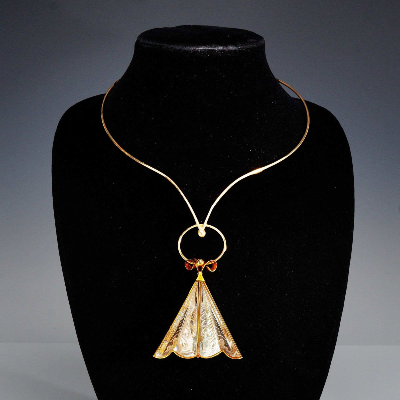 Steuben 18K Gold and Engraved Crystal Triangular Moth Pendant Necklace with Box (1 of 7)