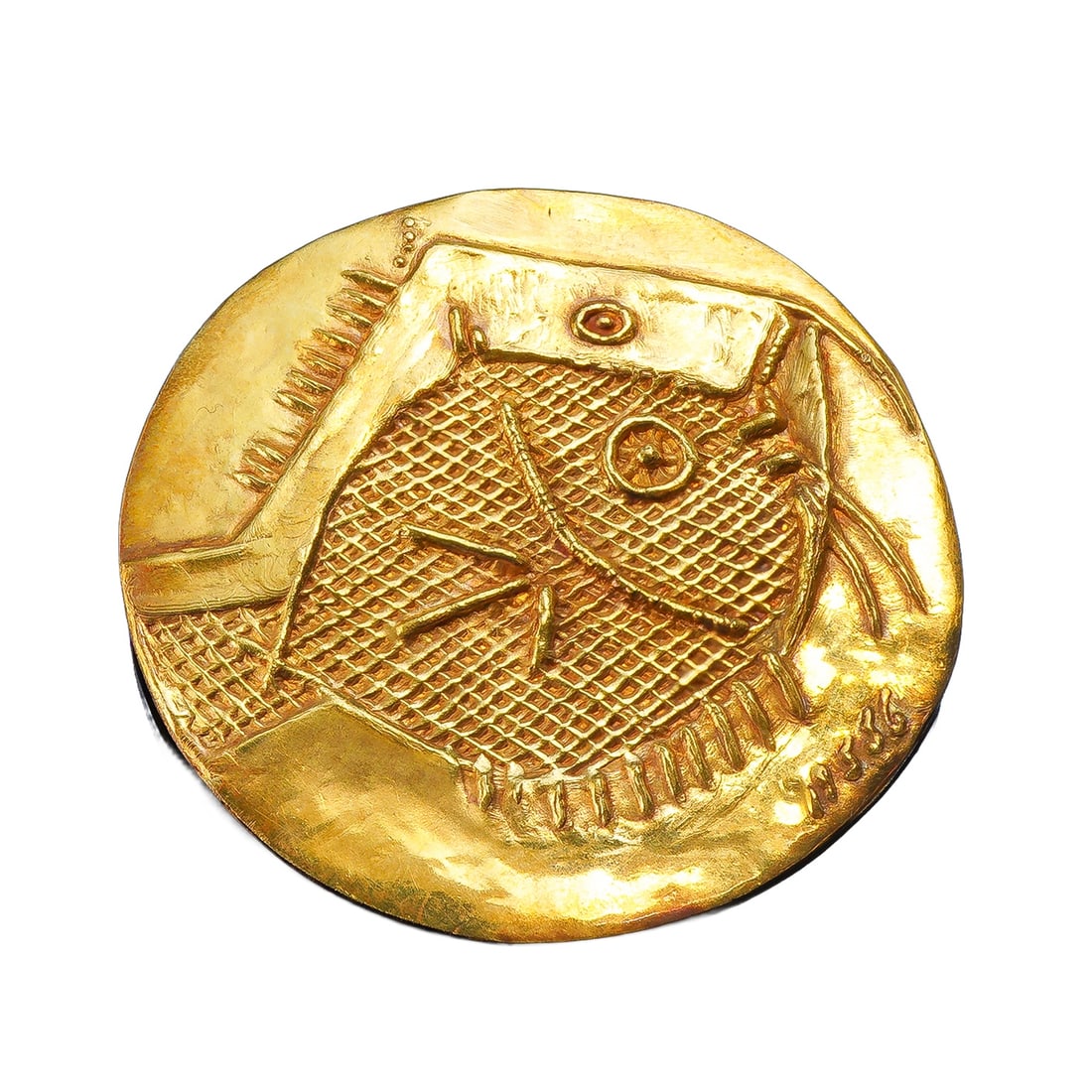 Pierre Hugo & Pablo Picasso 22K Gold Poisson Fish Medallion Pendant 1411: Rare 22K gold Poisson (Fish) medallion pendant by goldsmith Pierre Hugo (French, 1899"1984) after a Pablo Picasso (Spanish, 1881"1973) design, circa 1970, from a limited numbered edition, 12/20. The r