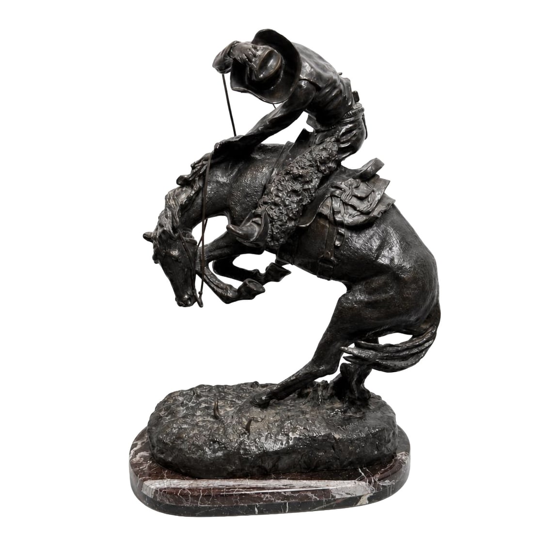 After Frederic Remington, The Rattlesnake Large Bronze Sculpture: This work is a large bronze sculpture after Frederic Remington titled The Rattlesnake. It depicts a dynamic scene of a cowboy riding a bucking horse, with the rider shown leaning into the motion while