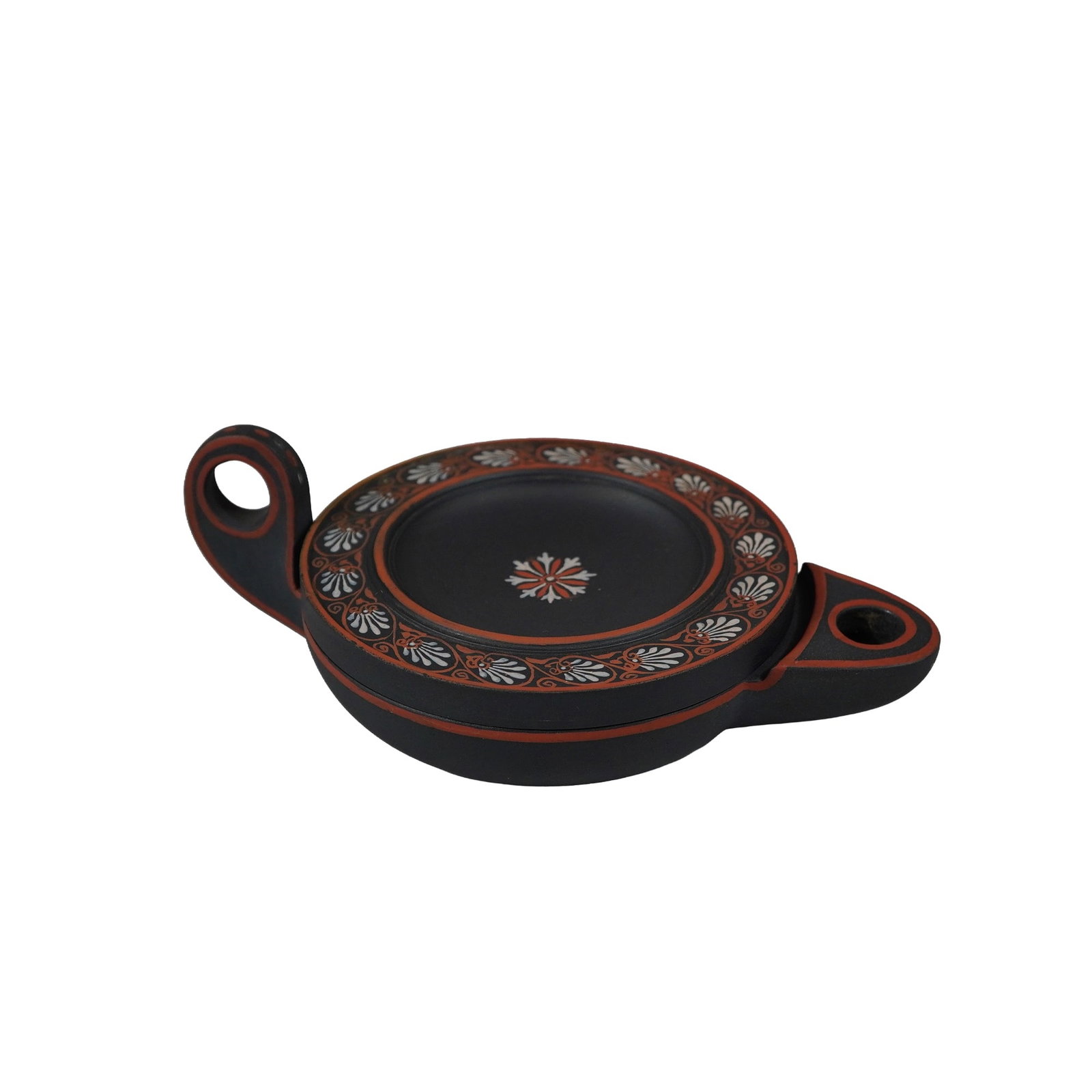 Wedgwood Encaustic Decorated Black Basalt Oil Lamp and Cover: A Wedgwood black basalt stoneware oil lamp and coordinating lid featuring hand-painted encaustic decoration in the neoclassical style. The vessel is modeled after ancient Greek prototypes with a low c