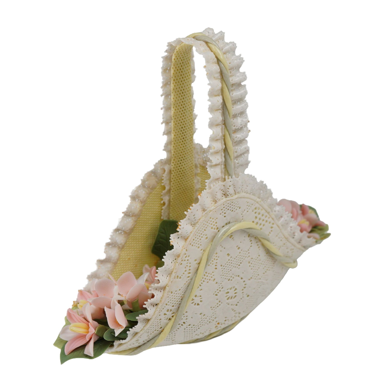 Lladro Caprichos Porcelain Lace Flower Museum Basket, Model 1017606, Includes Box: Lladro porcelain lace flower basket from the Caprichos collection, model number 1017606. The piece features a boat-shaped body of fine porcelain with pierced work simulating the texture of lace. The h