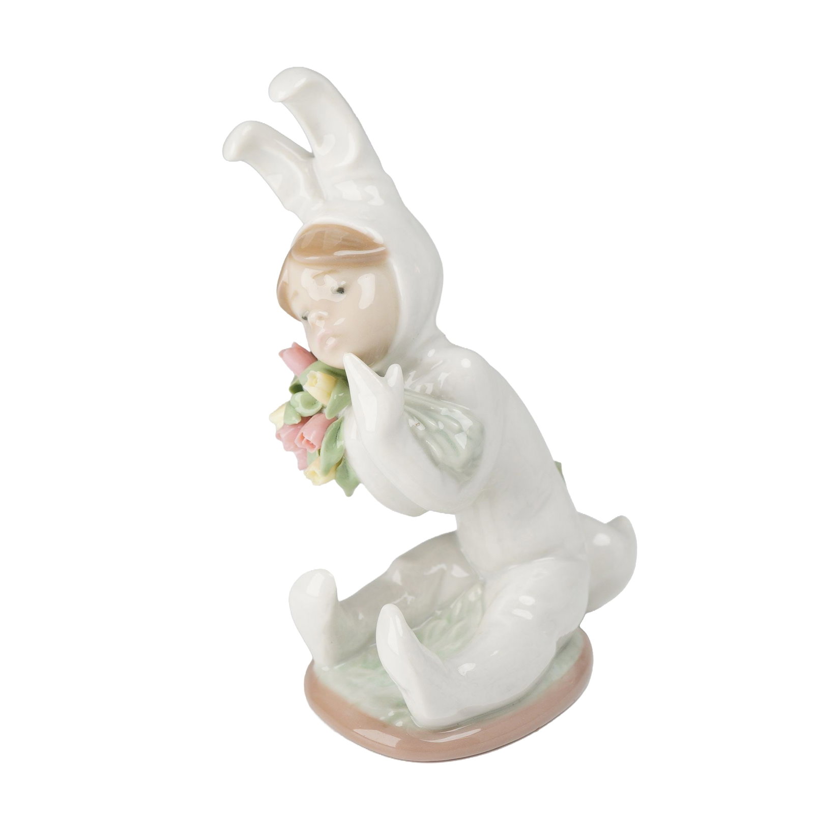 Lladro Porcelain Figurine Spring Flowers Number 1509 with Original Box: Lladro glazed porcelain figurine titled Spring Flowers, Spanish title Nino Disfraz Conejo con Flores, model number 1509. The figurine depicts a young child dressed in a white rabbit costume, kneeling 