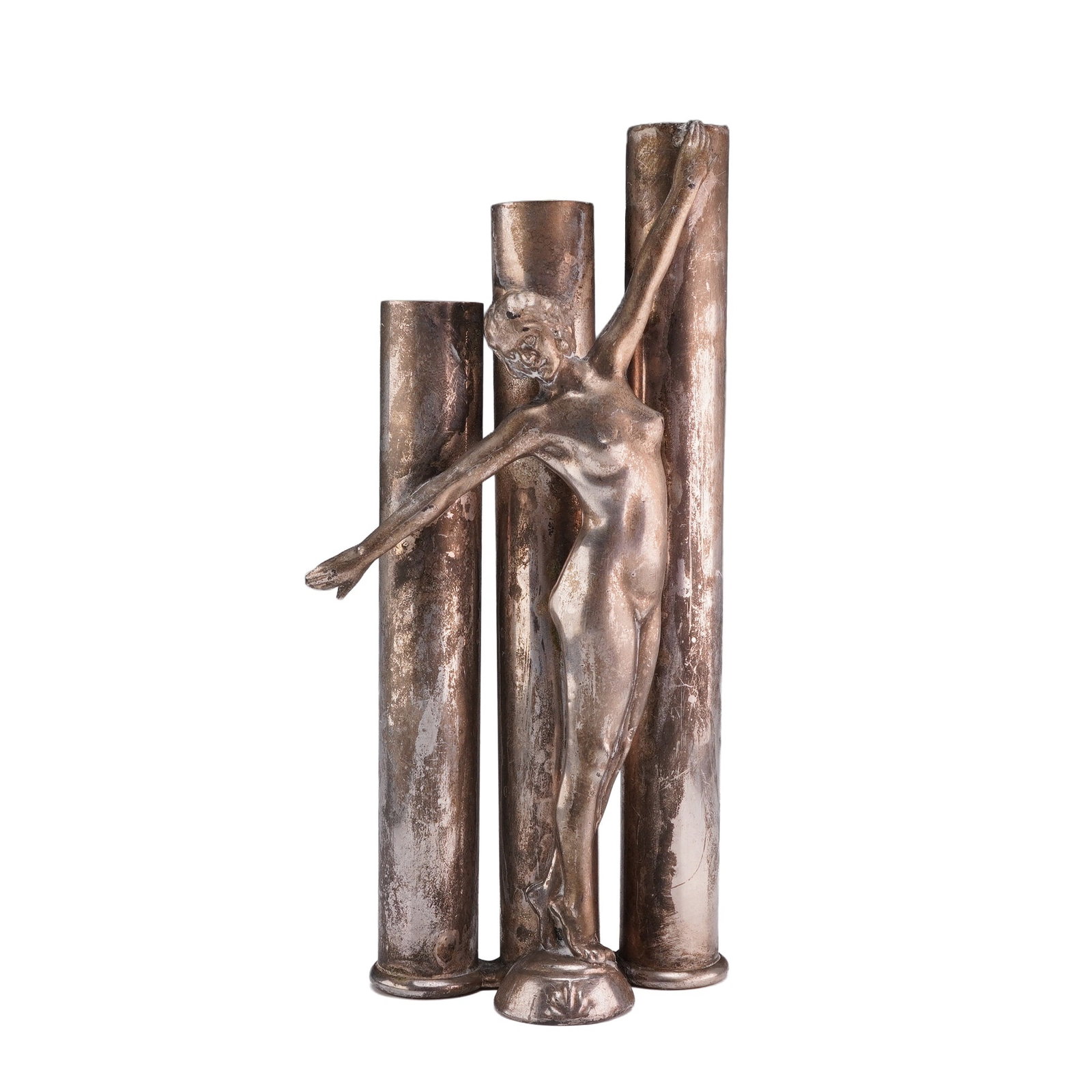 A.C. Rehberger Art Deco Silvered Metal Triple Bud Vase Sculpture: This Art Deco triple bud vase is manufactured by the A.C. Rehberger Company. The object is constructed of silver-plated metal and features a stylized nude female figure in a dynamic pose. The figure i