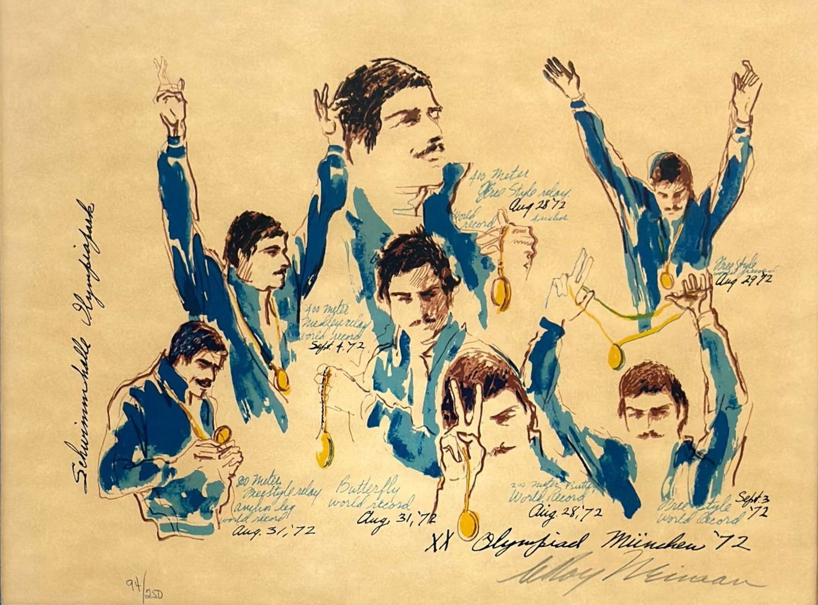 LeRoy Neiman (American, 1921-2012), Mark Spitz with Medals, 1972, Limited Edition Serigraph, 94/250: This framed limited edition print on paper by LeRoy Neiman (American, 1921-2012) is titled Mark Spitz with Medals, also known as Munich, Olympic 1972. The serigraph features multiple expressive, sketc