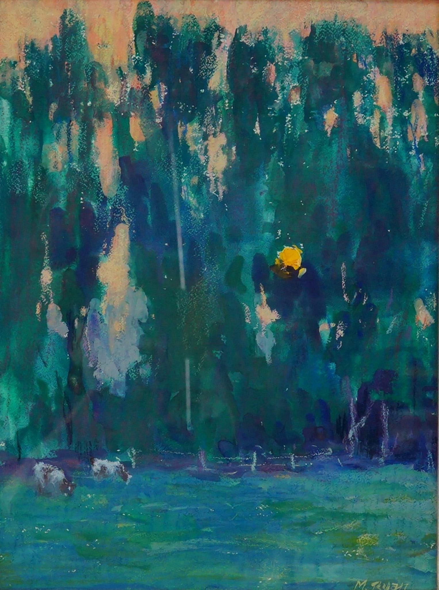 Michael Ryan (American/Dutch, b. 1953) Mixed Media on Paper, Night Landscape: An exceptionally vibrant and tactile contemporary Impressionist landscape by renowned artist Michael Ryan. Renowned for his lifelong study of light and atmosphere across both his native New York and h