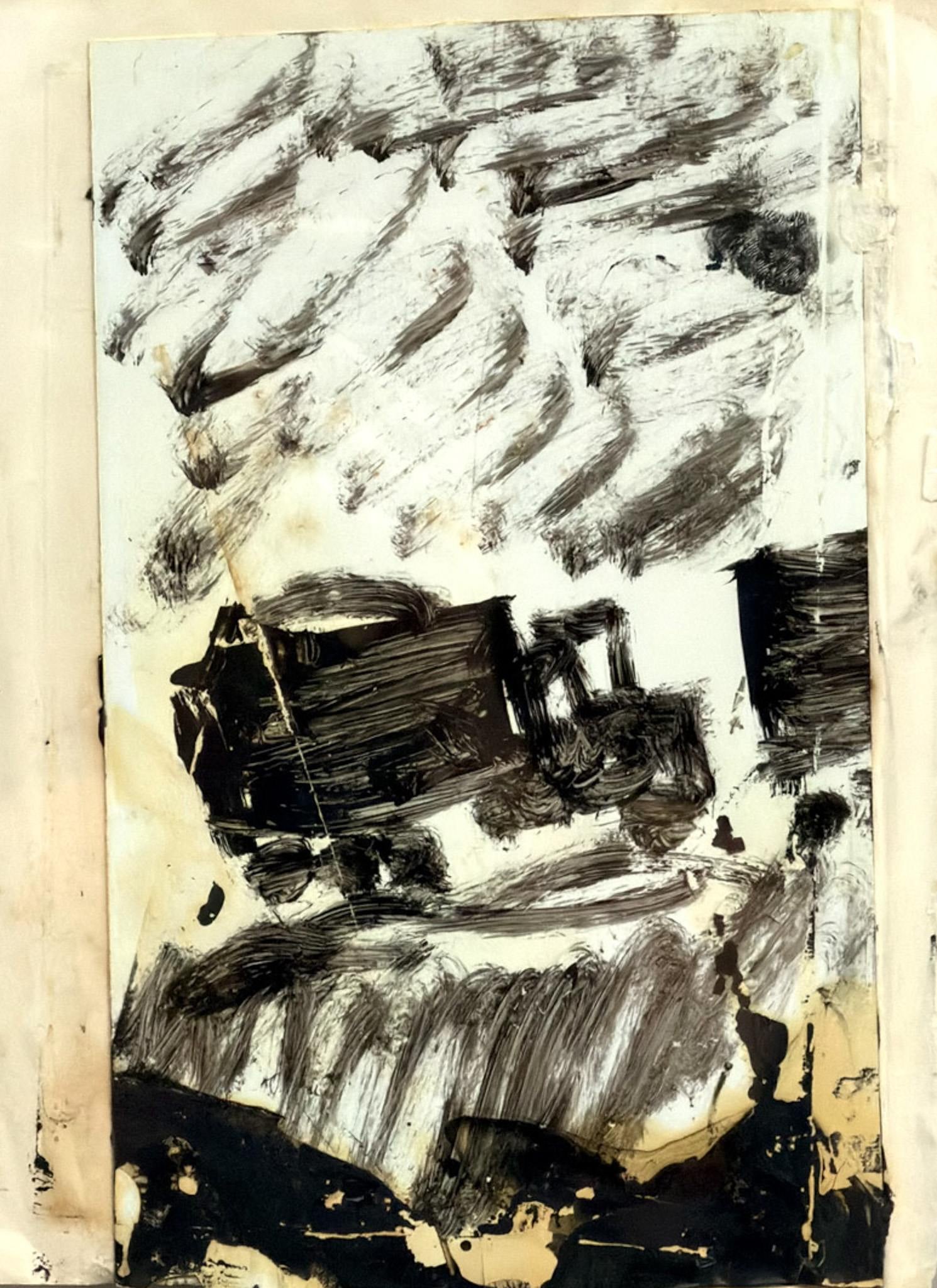 Attributed to Purvis Young (American, 1943-2010) Original Two-Sided Abstract Paintings on Paper: This original two-sided painting attributed to Purvis Young is executed in heavy black acrylic or mixed media on layered found paper supports. The primary composition features gestural brushwork with 