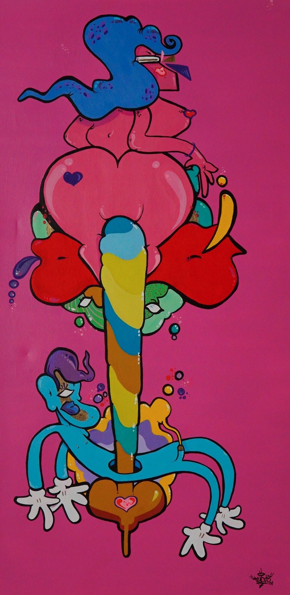 Rare 2009 Urban Pop Surrealism / NSFW Cartoon Erotica Mixed Media on Canvas, Prosperidad: This original 2009 mixed media and acrylic painting on stretched canvas titled Prosperidad, is a prime example of independent, turn-of-the-century street subculture and adult pop art. The artwork deli