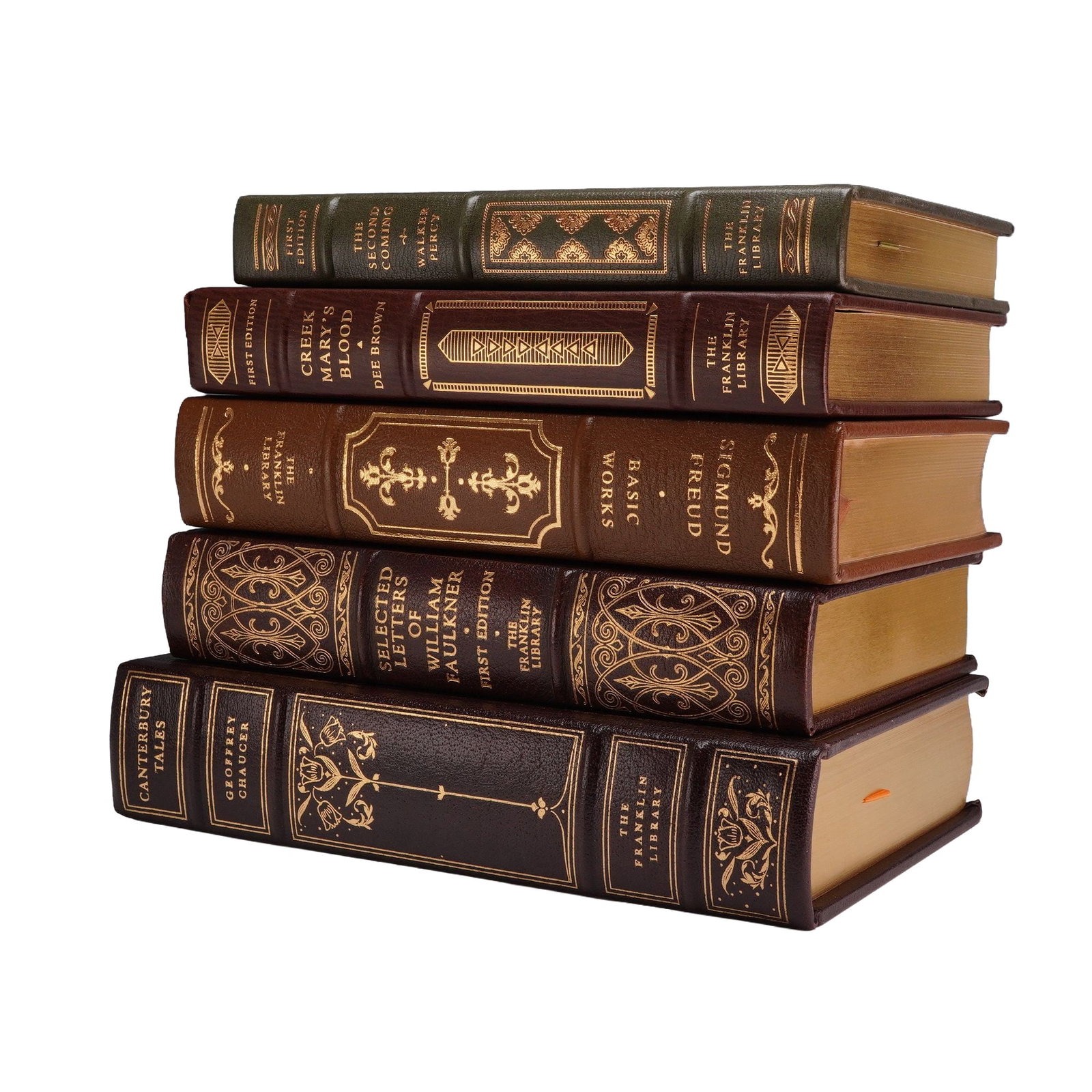 A 5-Volume Collection of Franklin Library Leather-Bound Works. Franklin Library, 1977-1980.: This 5pc book lot consists of multiple volumes published by The Franklin Library, featuring several selections from the First Edition Society. The collection is bound in full genuine leather in variou