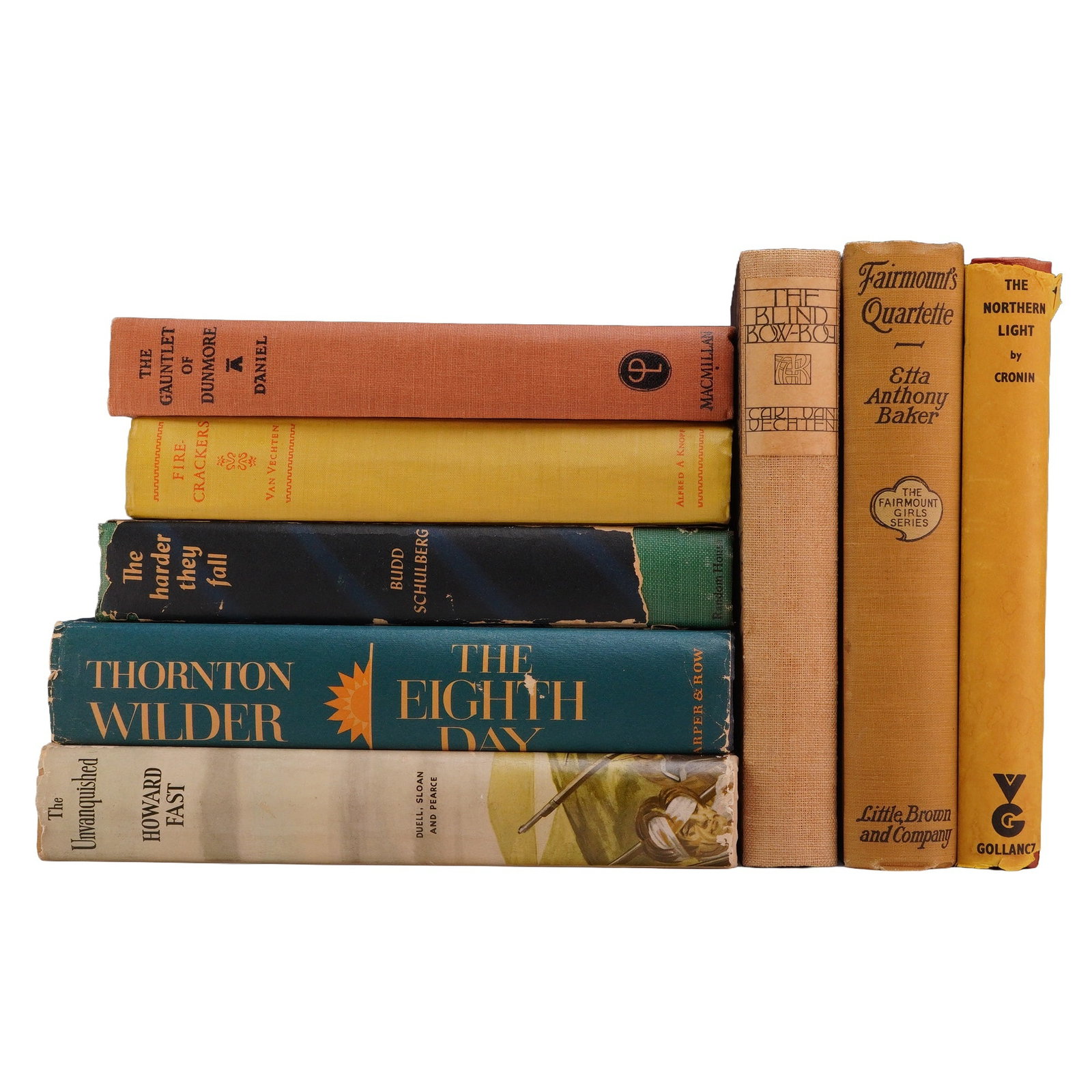 8pc Hardcover Books, The Harder They Fall, The Eighth Day, The Unvanquished, The Northern Light,: An 8-piece book lot consisting of twentieth-century fiction and literature. The collection includes The Harder They Fall by Budd Schulberg (Random House, 1947) with a dust jacket; The Eighth Day by Th