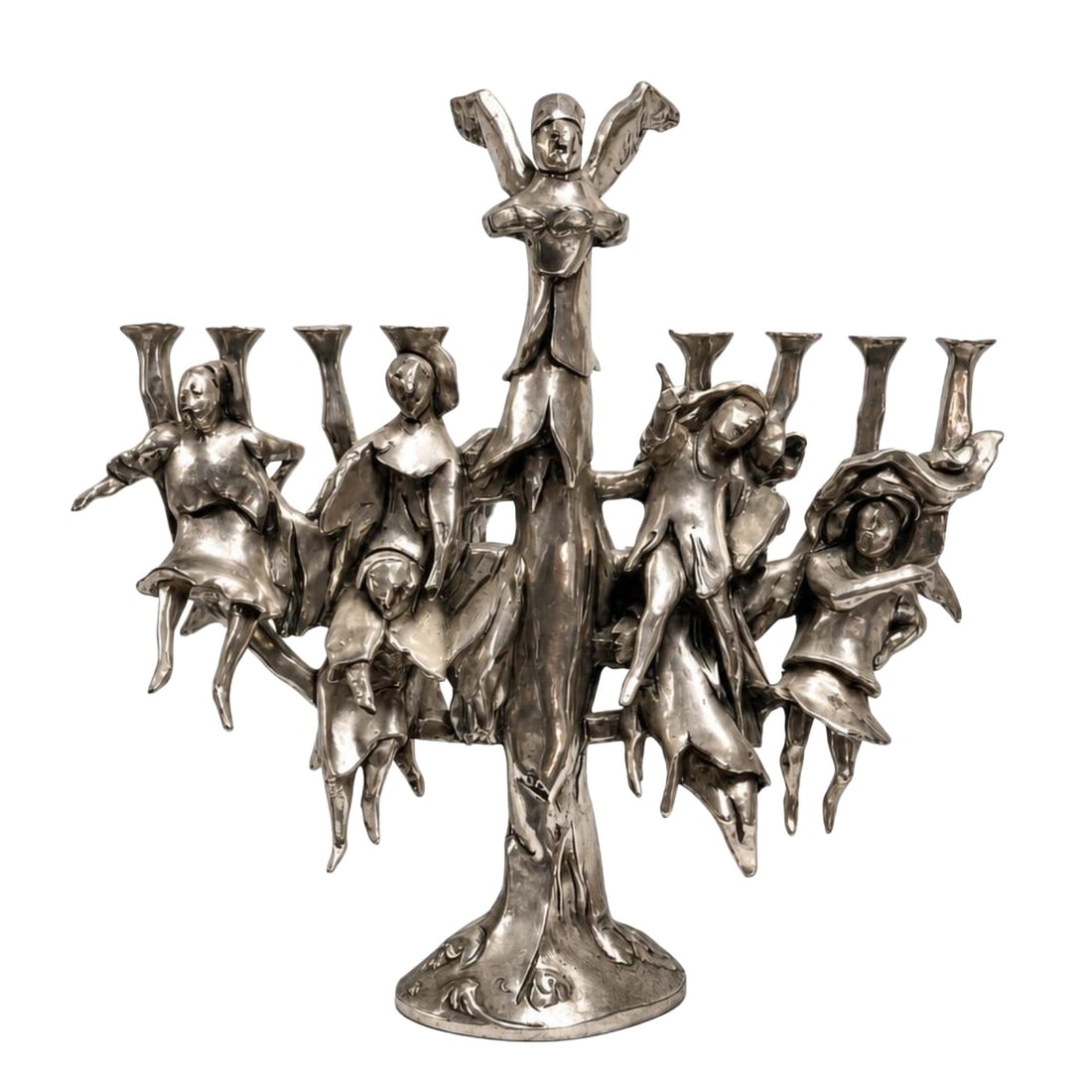 David Aronson Limited Edition Silver Plated Copper Hanukkah Lamp, Angels of Light: A modernist figurative Hanukkah lamp (hanukkiah) by artist David Aronson (American, 1923-2015), titled Angels of Light. This limited edition sculpture is cast in copper with a silver-plated finish, co