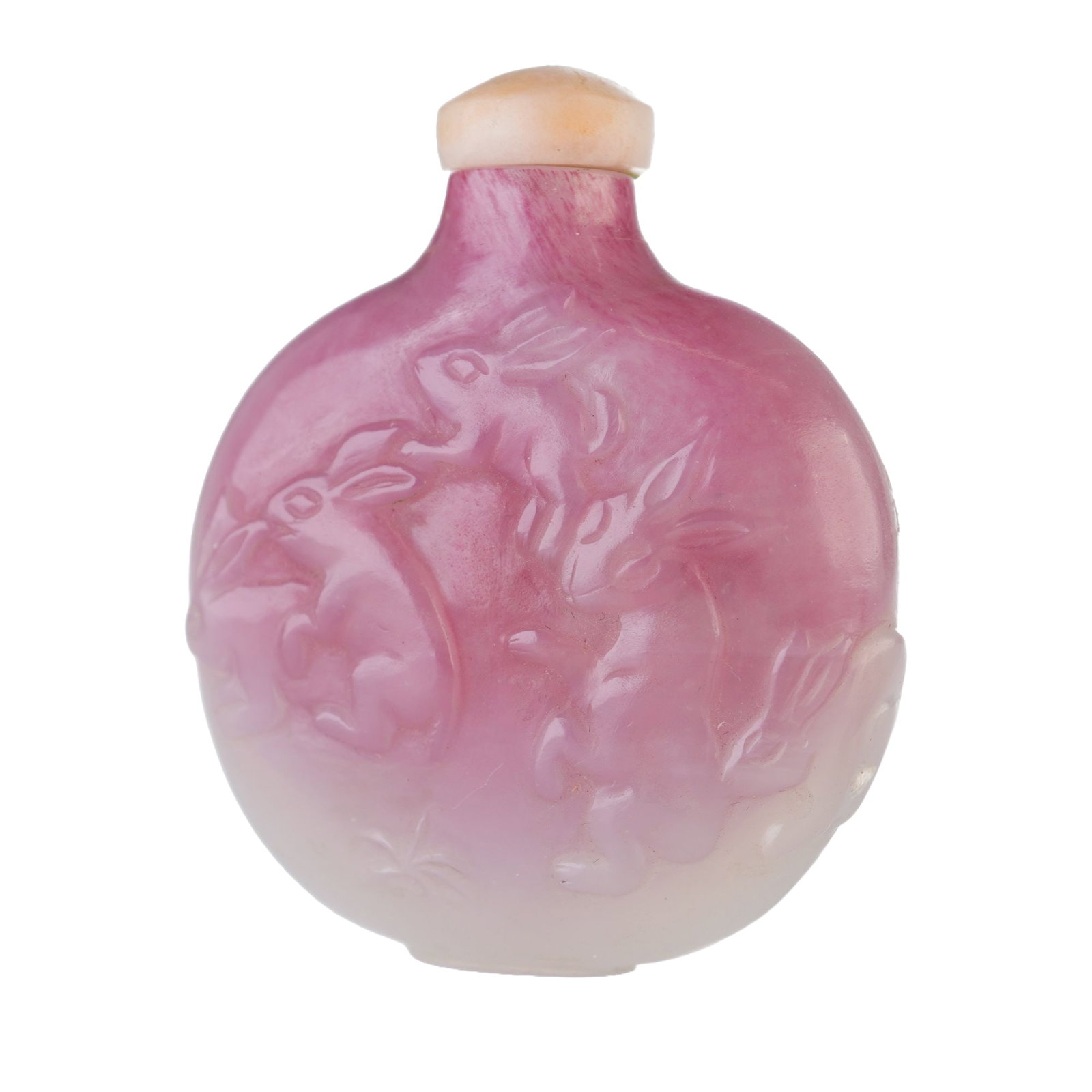 Peking Glass Overlay Snuff Bottle, Pink Rabbits: A round Peking glass snuff bottle featuring a pink to light gray gradient tone, decorated with reliefs of rabbits and a bat. It is topped with a domed white and tan stopper. Dimensions: 2.25"L x 0.75"