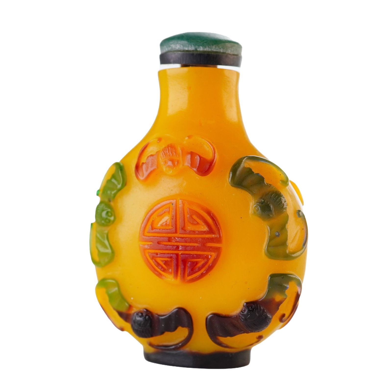 Peking Glass Snuff Bottle, Yellow with Multi-color Overlay, Shou Wu Fu (1 of 4)